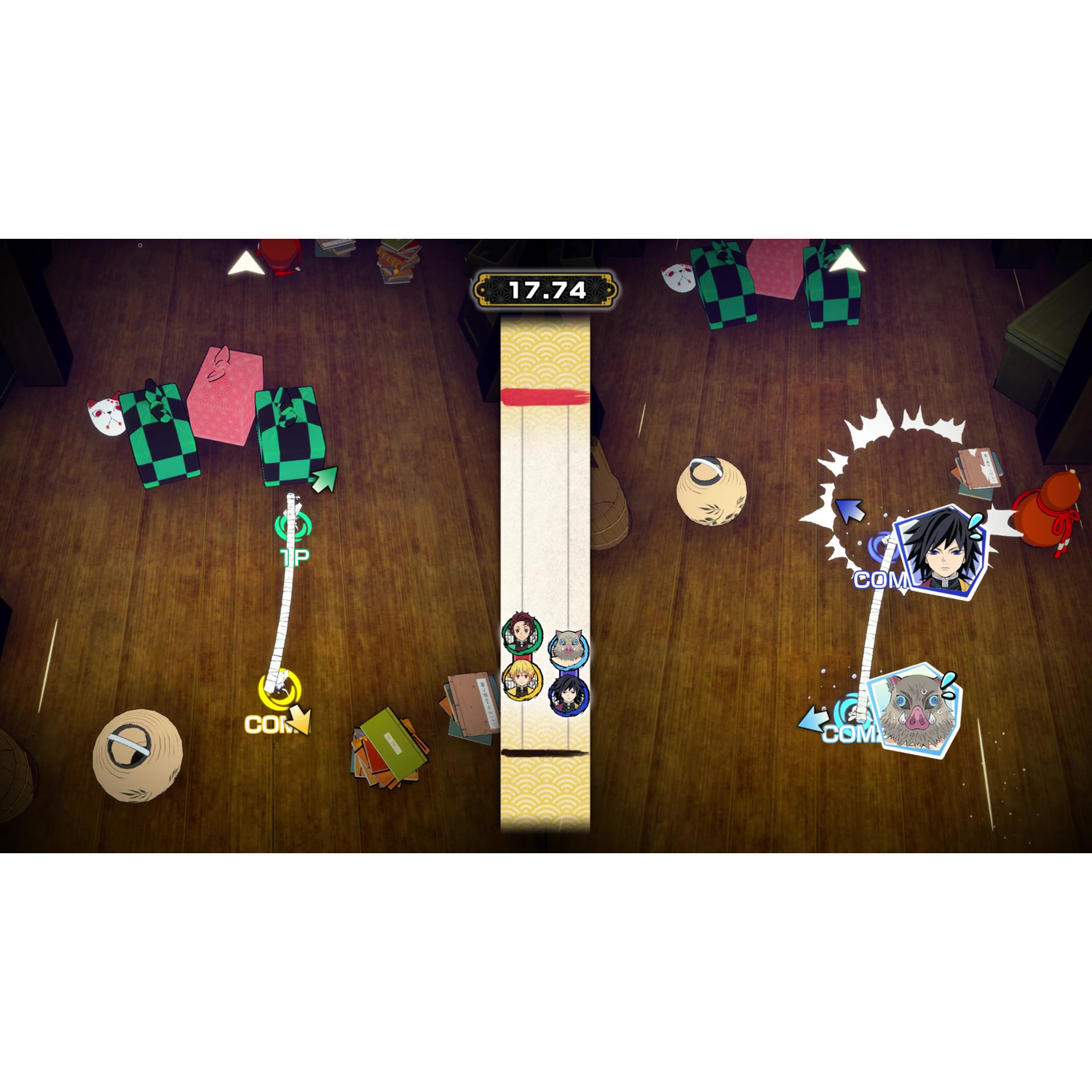 Gamescène met anime-personages en een muziekbalk. Het spel is actief.