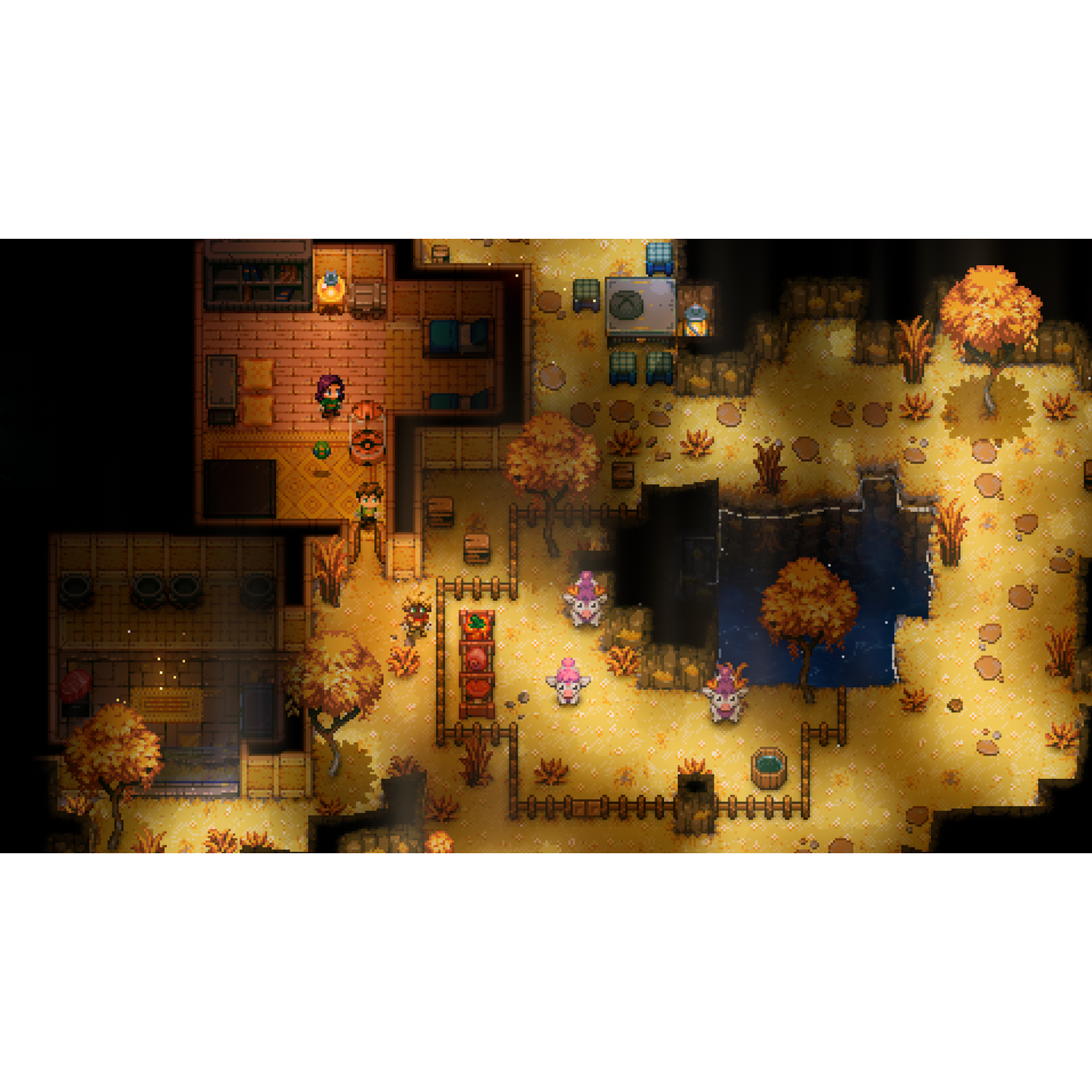 Pixel art game scene. Figuren interageren in een gedetailleerde, kleurrijke omgeving.