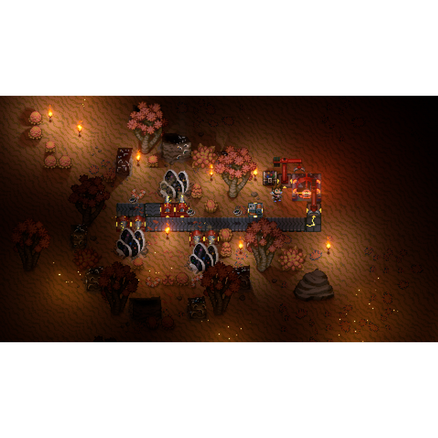 Een gepixelde spelscène met verschillende structuren en karakters.