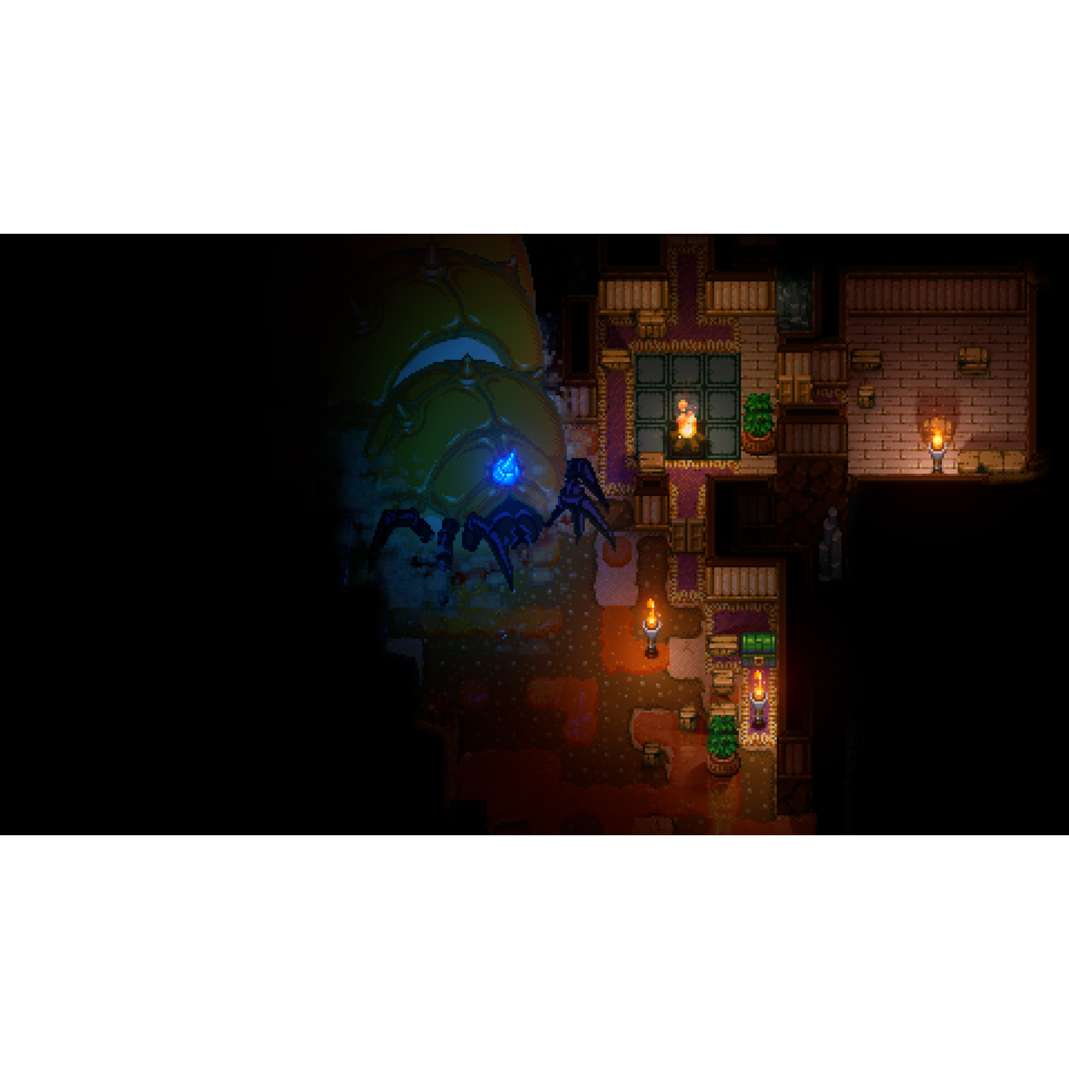 Bovenaanzicht van een gepixelde videogame scène.