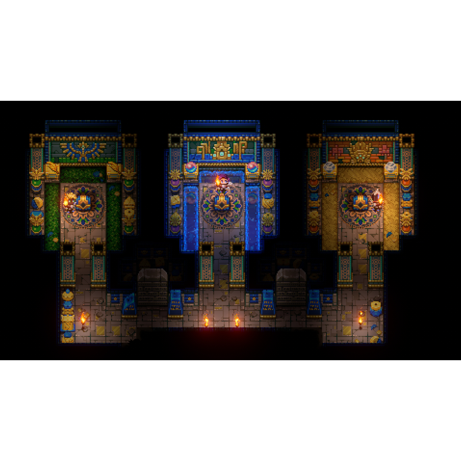 Pixel art scene met drie tempels, elk in verschillende kleuren, met fakkels en beelden.