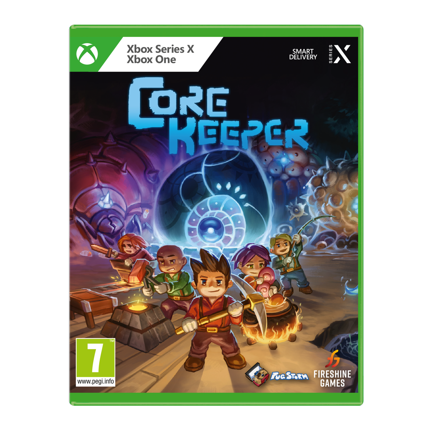 Core Keeper game box art. Personages in een grotomgeving met gereedschap en een edelsteen.