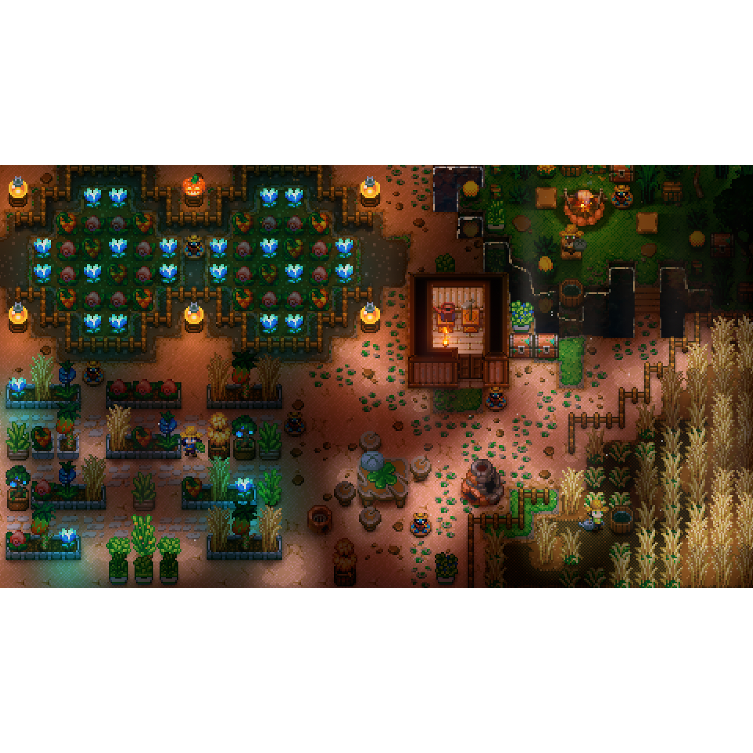 Een gepixeld bovenaanzicht van een boerderij. Er zijn gewassen, een huis en wat mensen. Het is een spelscène.