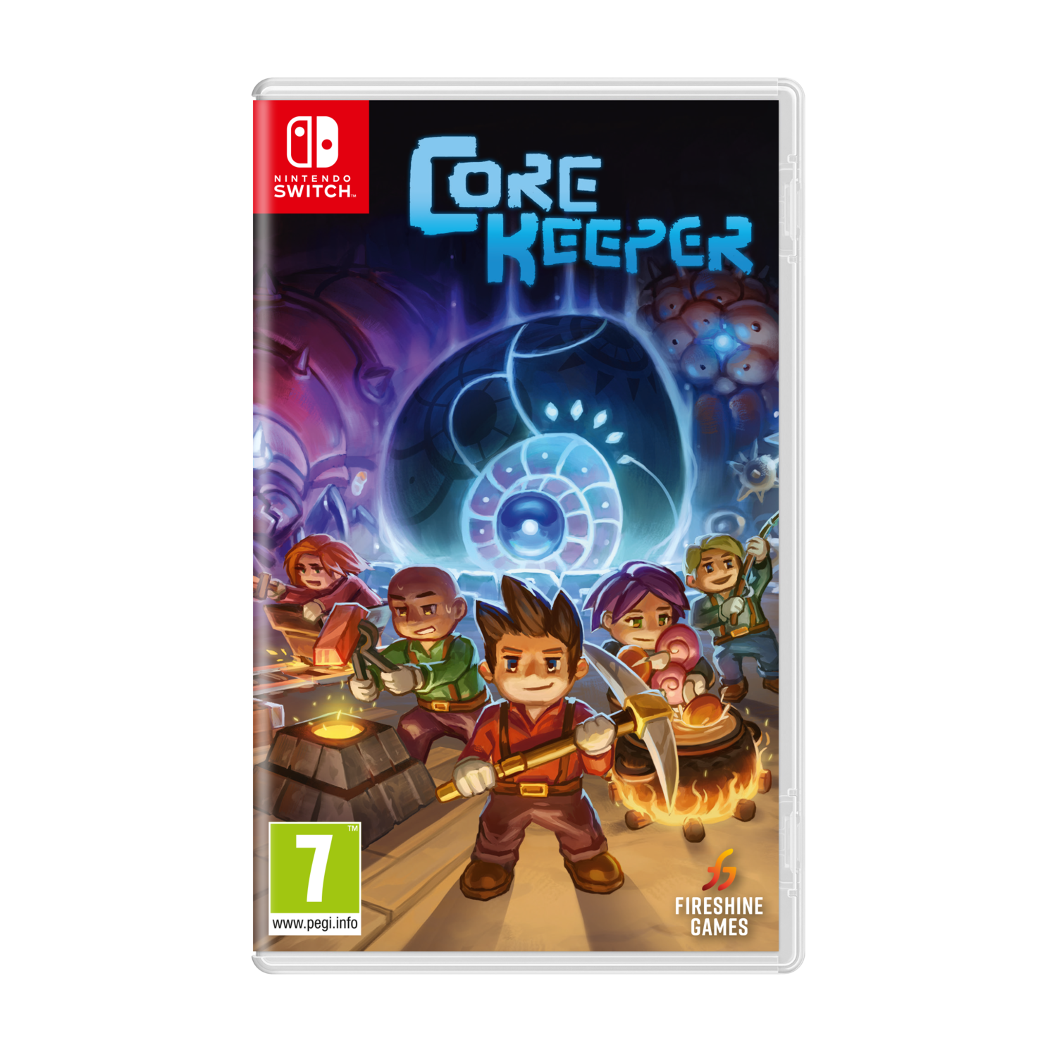 De videogame Core Keeper voor de Nintendo Switch. Een groep personages is zichtbaar.