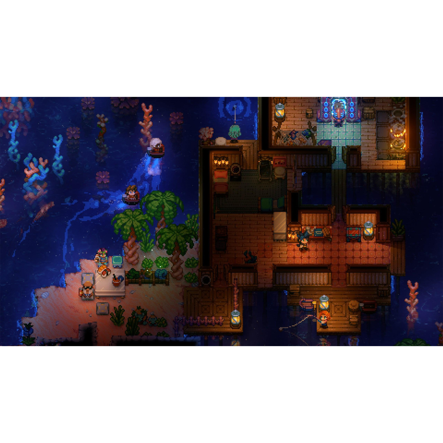Pixel art van een kustplaats met gebouwen, water en mensen.
