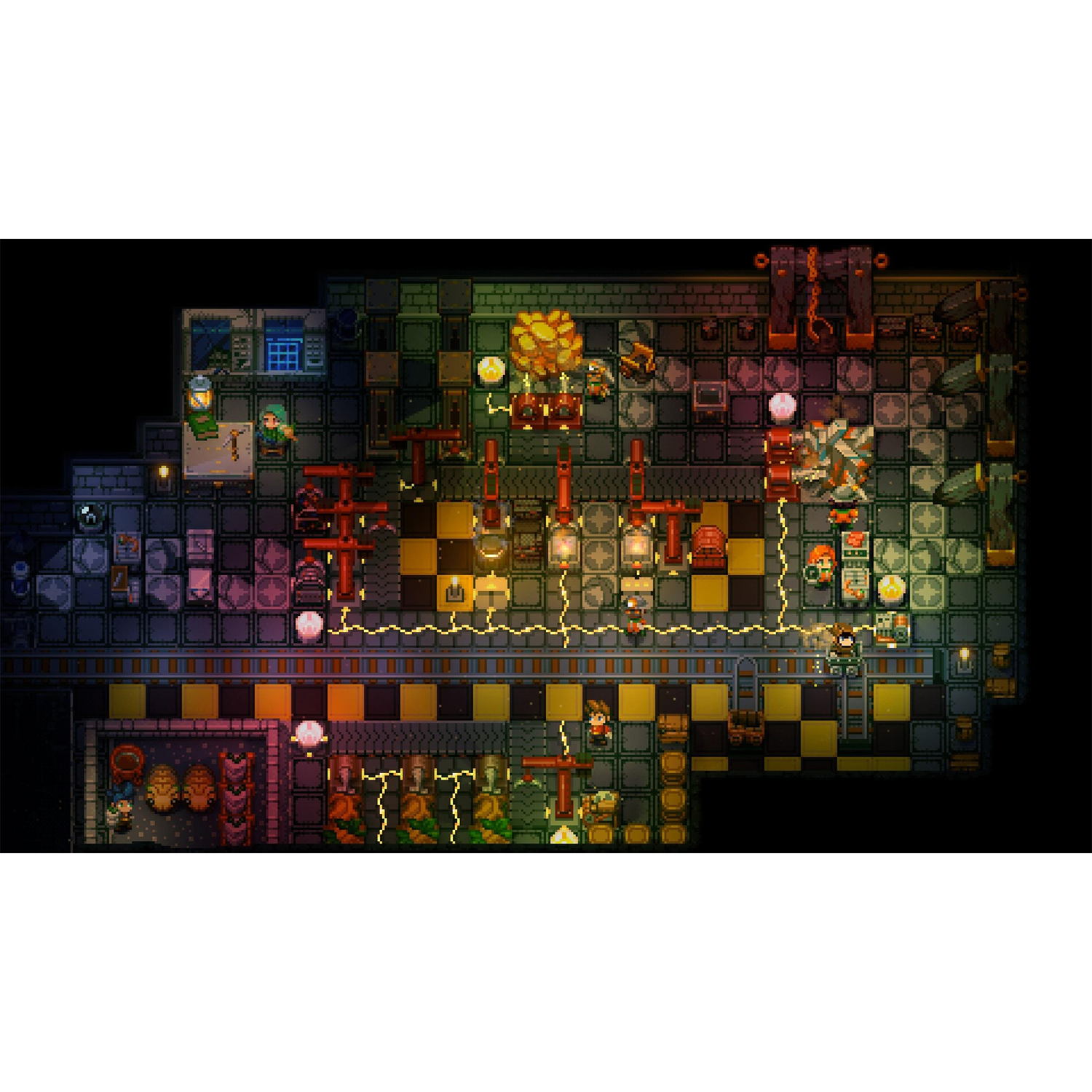 Een bovenaanzicht van een gepixeleerde game-scène met personages en verschillende structuren.