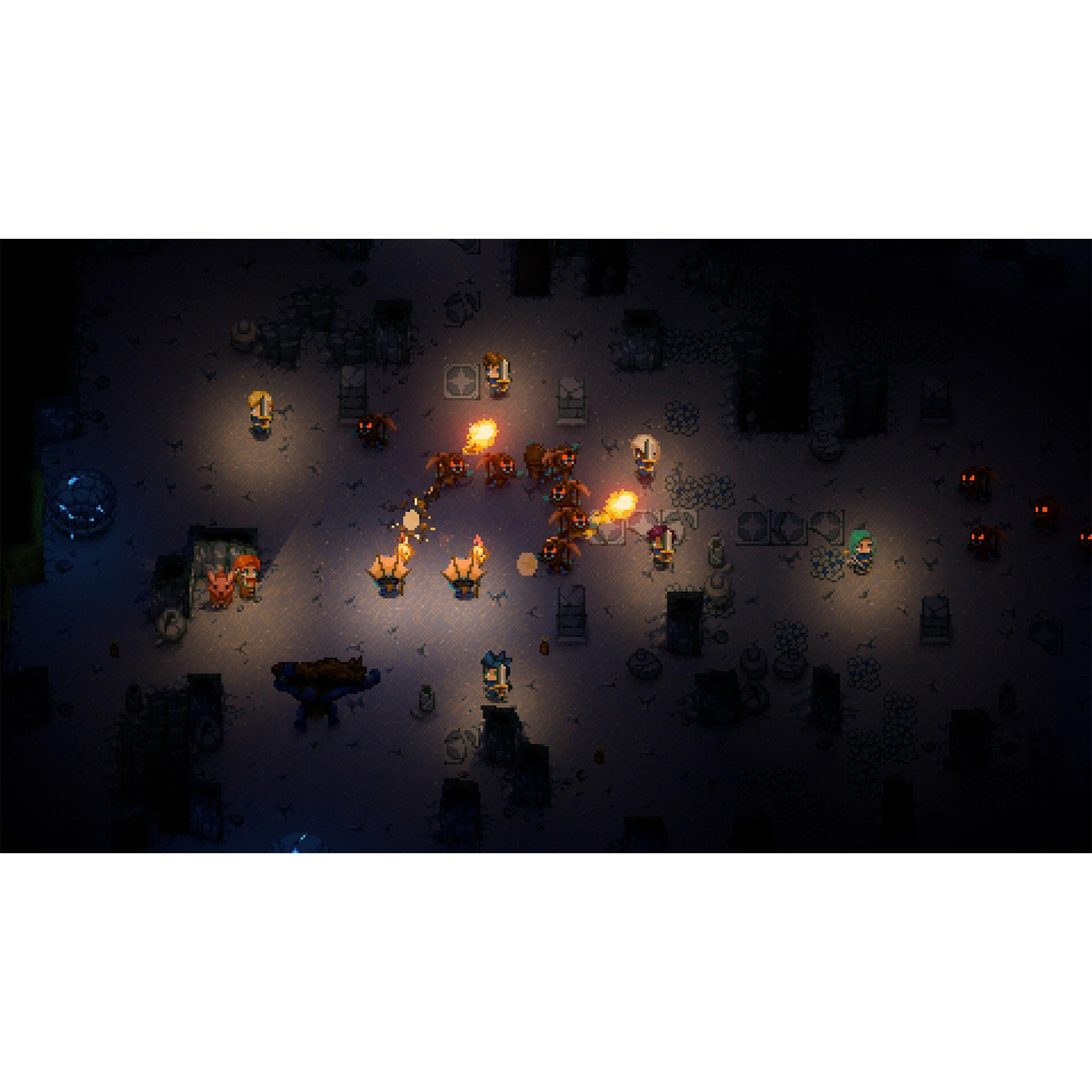Bovenaanzicht van een gepixeld videogame-scène met personages en vlammen.