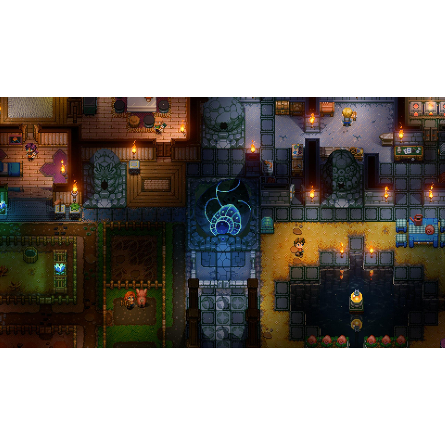 Overzicht van een pixelige spelscène met gebouwen, personages en fakkels.