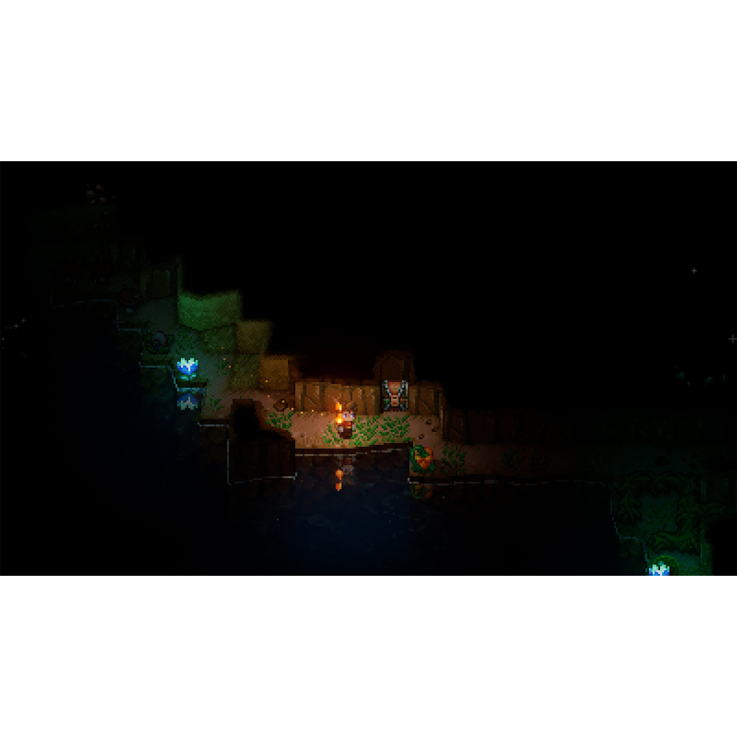 Pixel art scène, figuur met fakkel bij water.