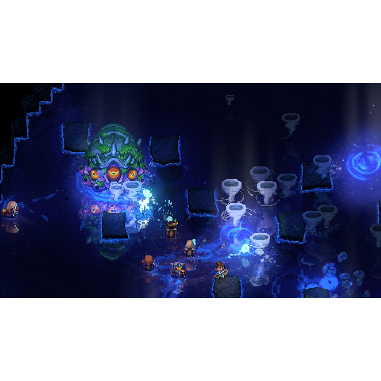Een gepixelde scène met personages die vechten tegen een groot monster in een donkere, blauwe omgeving.