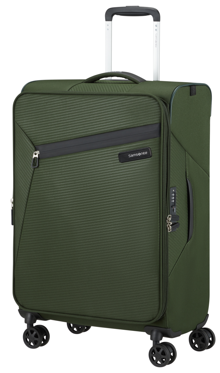 Zöld Samsonite gurulós bőrönd fekete díszítéssel, kihúzott fogantyúval.
