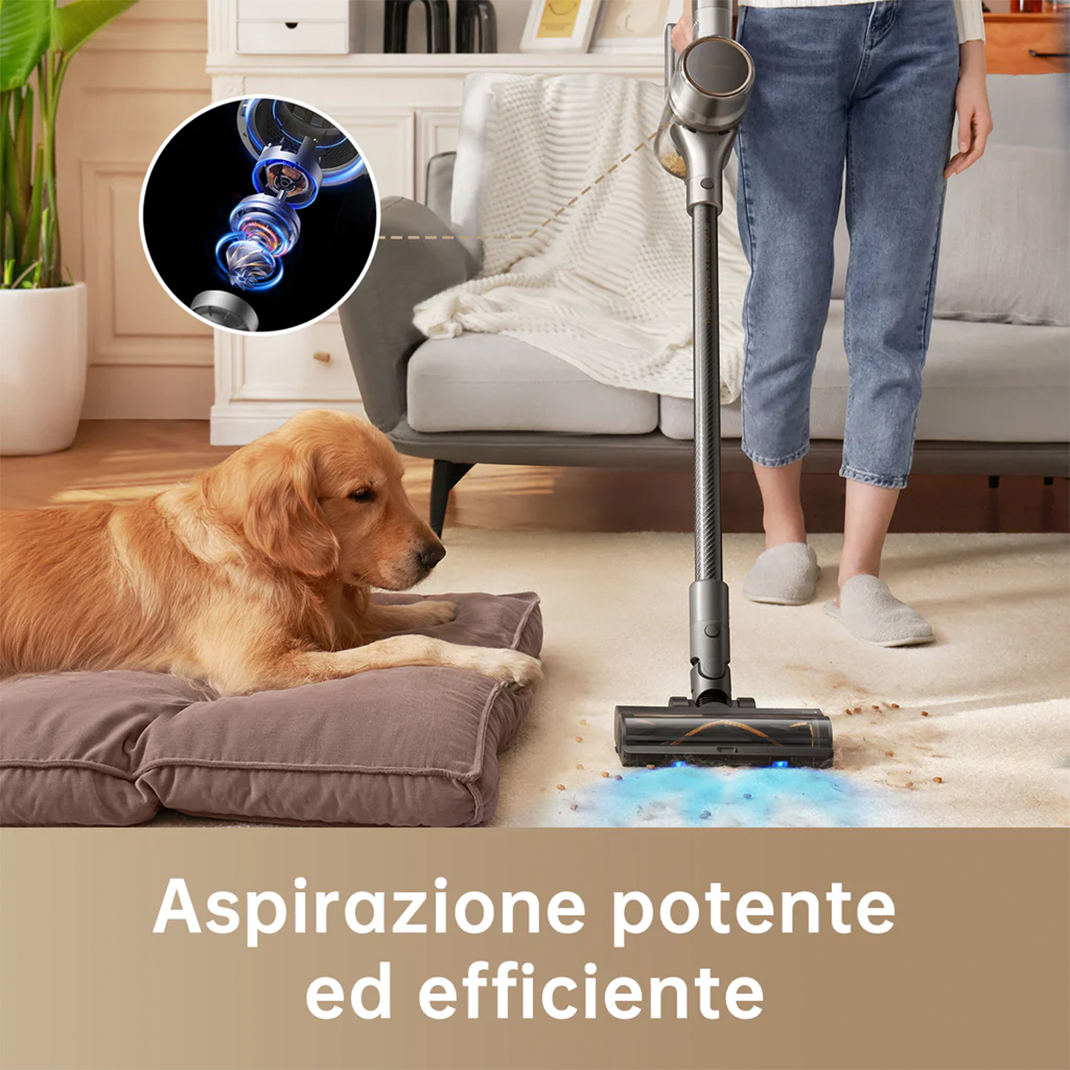 Un golden retriever giace su un cuscino, mentre un aspirapolvere è in funzione sul pavimento.