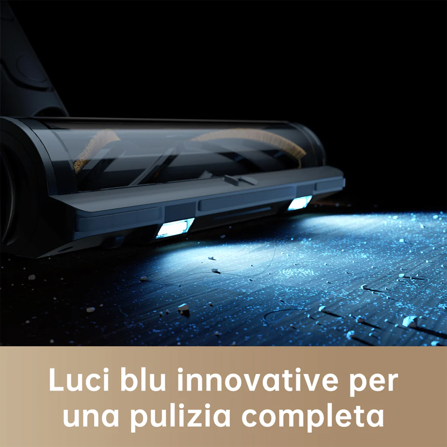 Una testina per aspirapolvere su una superficie scura. Le luci blu illuminano il pavimento, evidenziando le particelle di polvere.