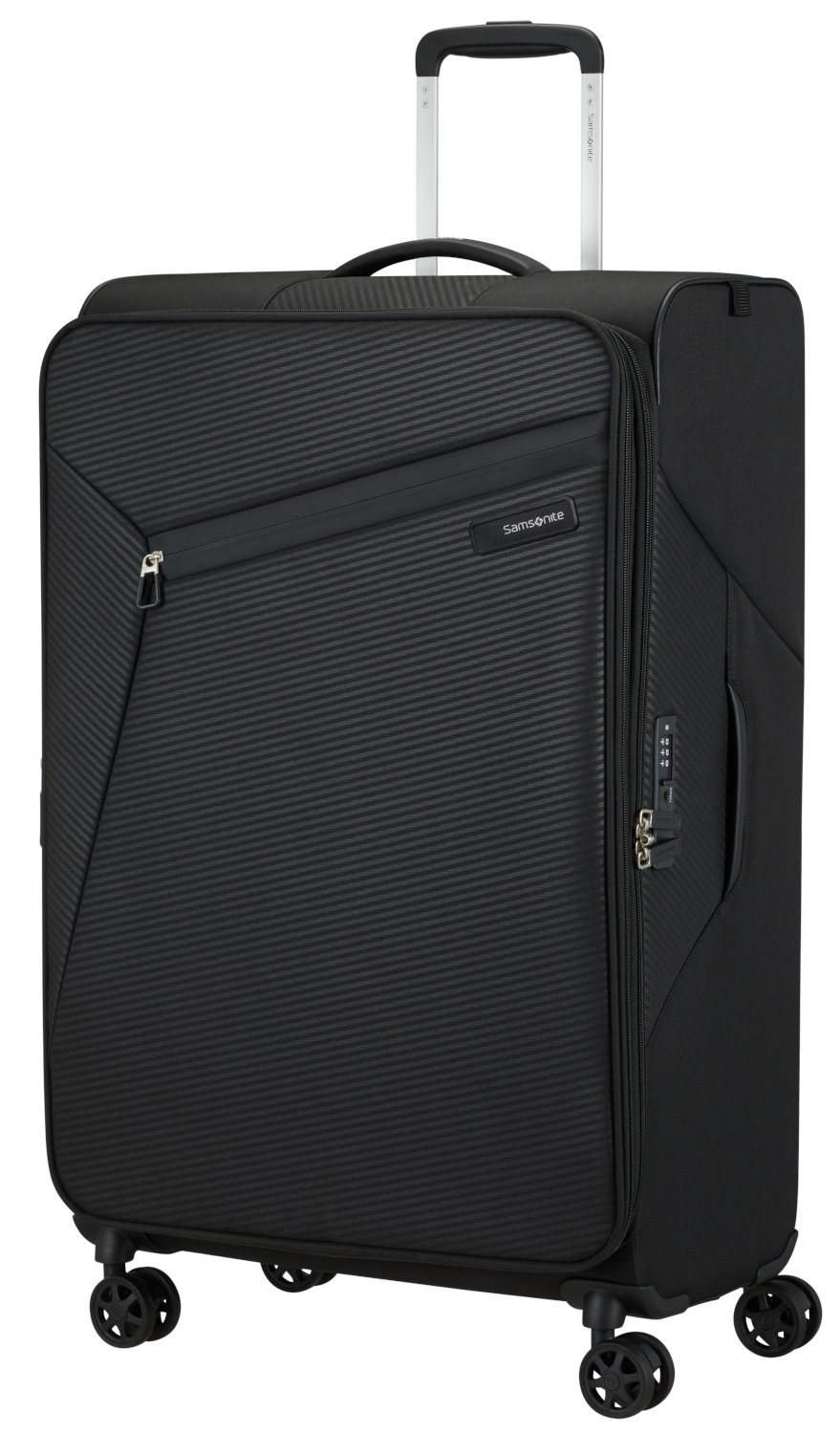 Fekete Samsonite bőrönd texturált felülettel, felfelé álló fogantyúval és látható kerekekkel, fehér háttér előtt.