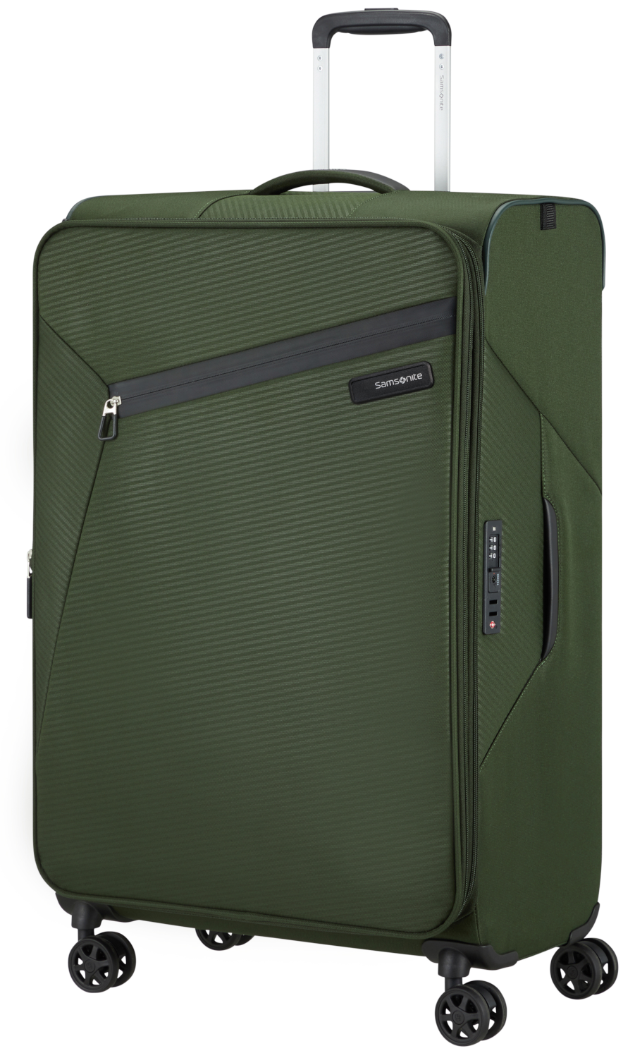 Zöld Samsonite bőrönd fogantyúval és kerekekkel.