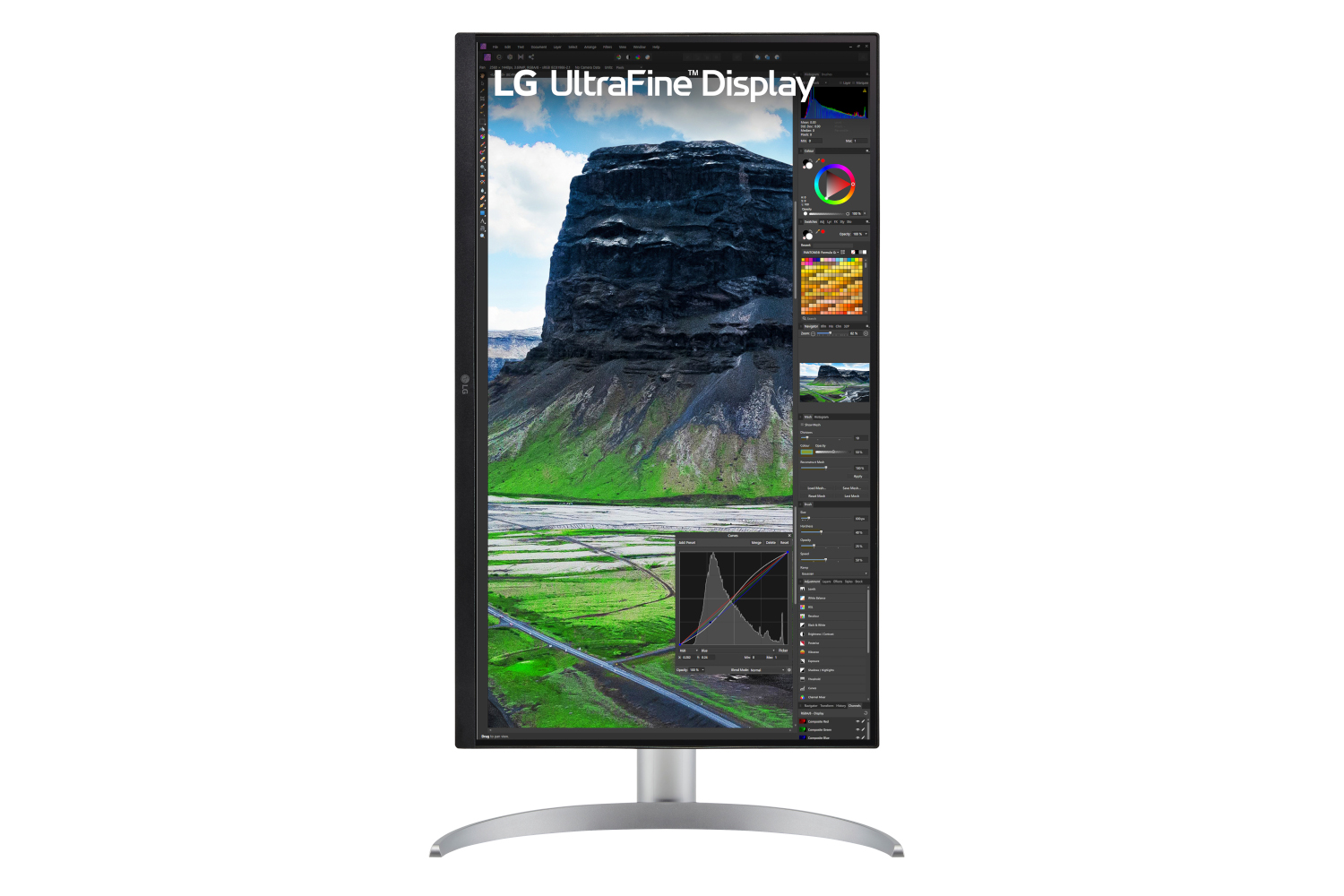 Computermonitor met een beeldbewerking interface. Witte achtergrond.