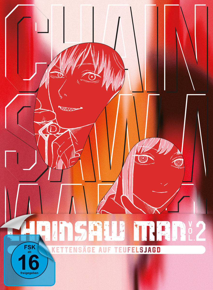 Anime-Cover 'Chainsaw Man Vol. 2' mit zwei roten Gesichtern.