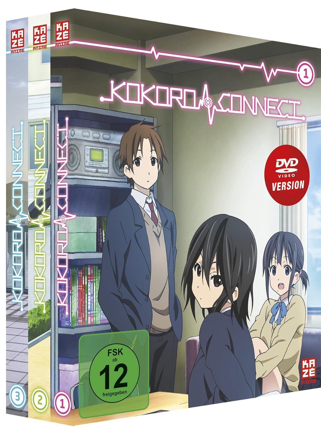 Anime-DVD-Cover mit drei Bänden und Charakteren aus 'Kokoro Connect'.