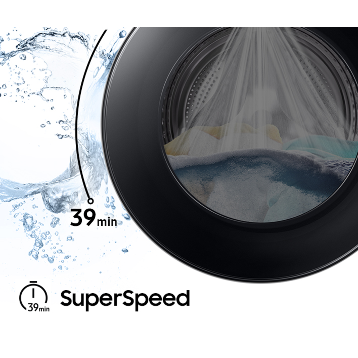 Washing machine with water and bubbles. Text in Italian. Black background.