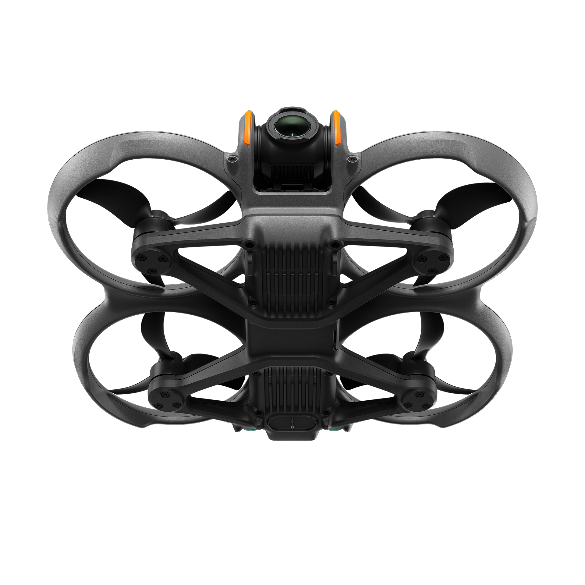 Dört pervaneli siyah drone. Ön tarafta bir kamerası var. Üstte turuncu ışıklar. Beyaz zemin.