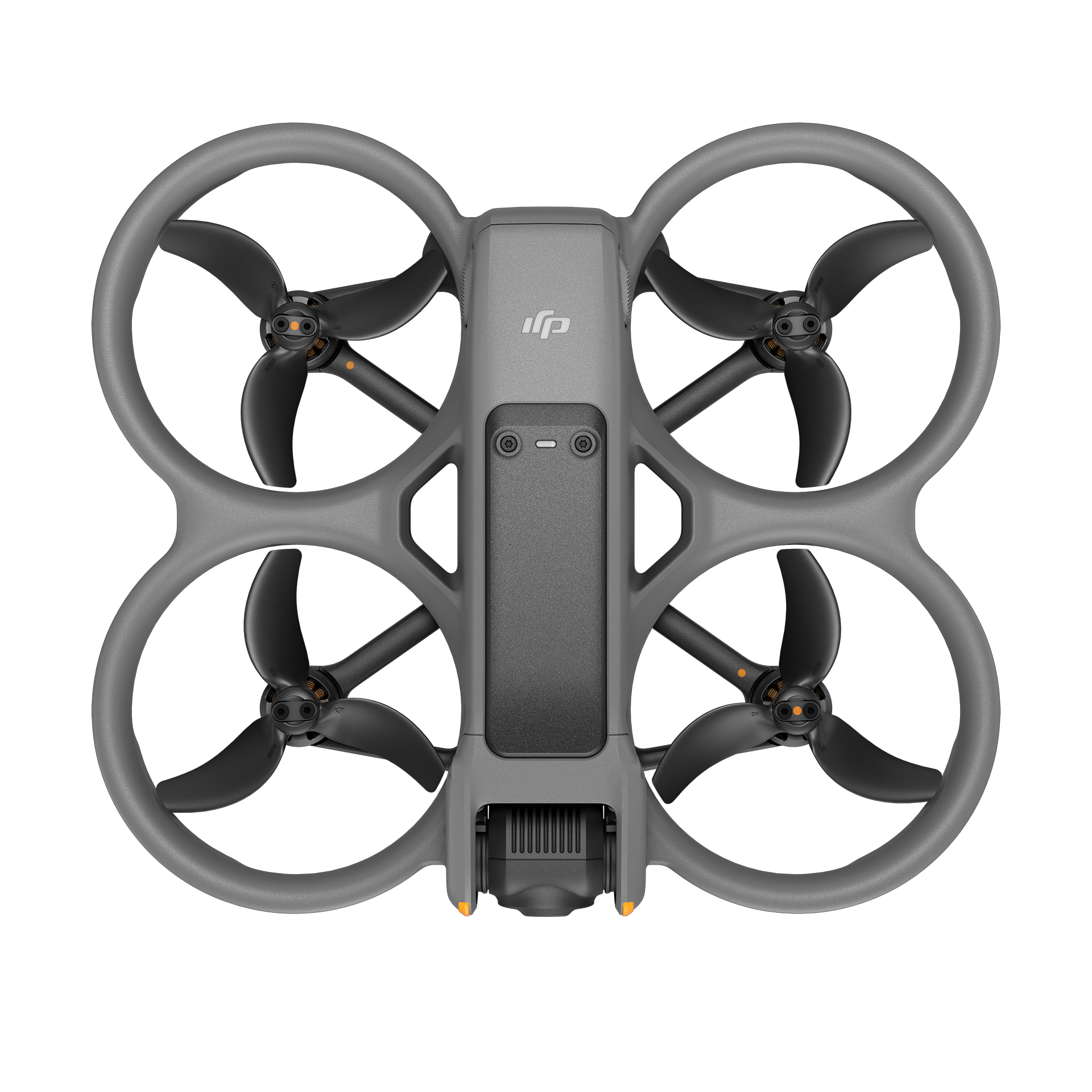 Dört pervanesi, merkezi gövdesi ve iniş takımları olan gri bir dronun yukarıdan görünümü.