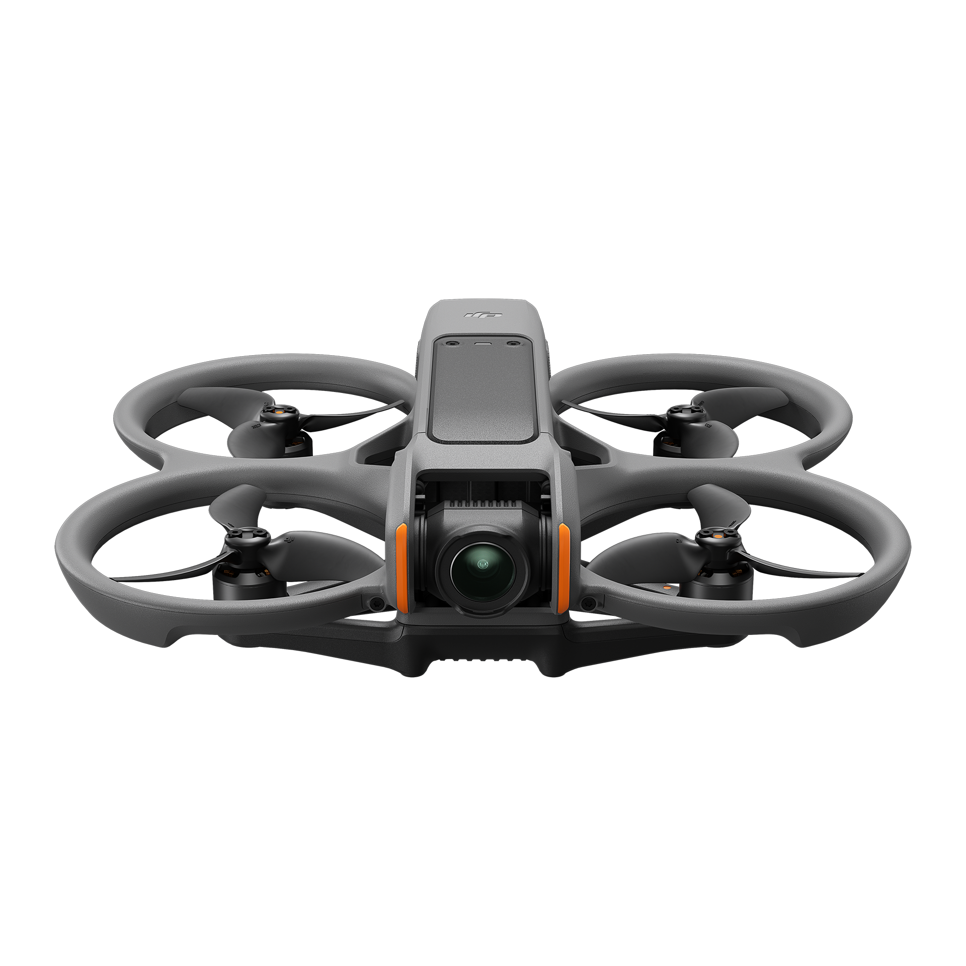 Dört pervaneli gri drone. Siyah zemin. Turuncu detaylar ve kamera.