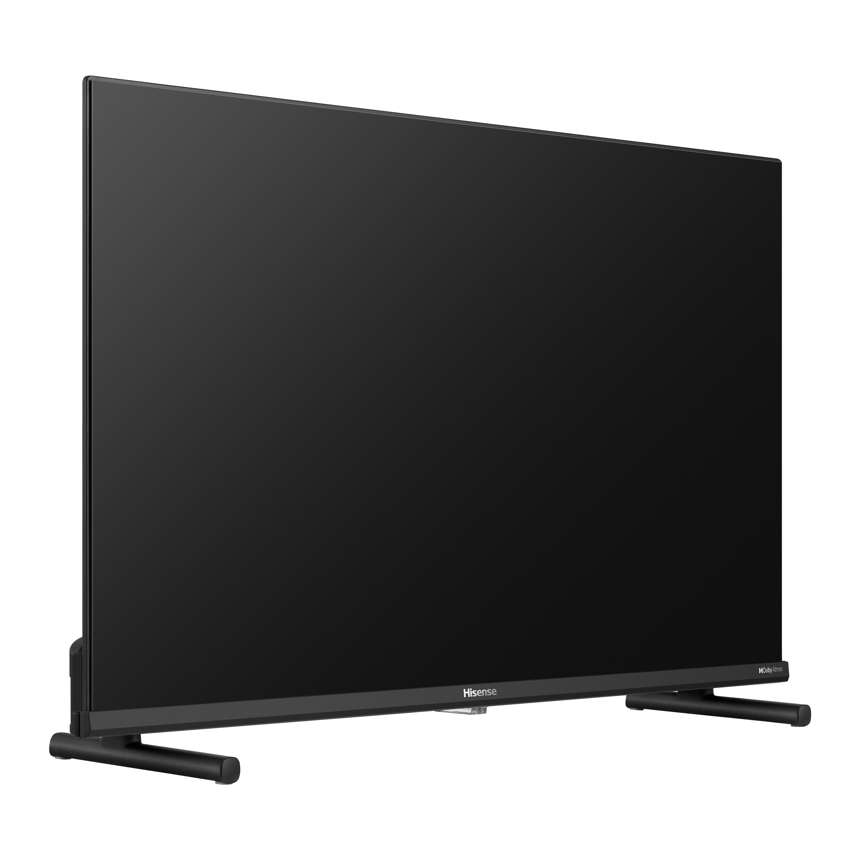 Hisense Fernseher auf weißem Hintergrund, mit schwarzem Bildschirm und Ständer.
