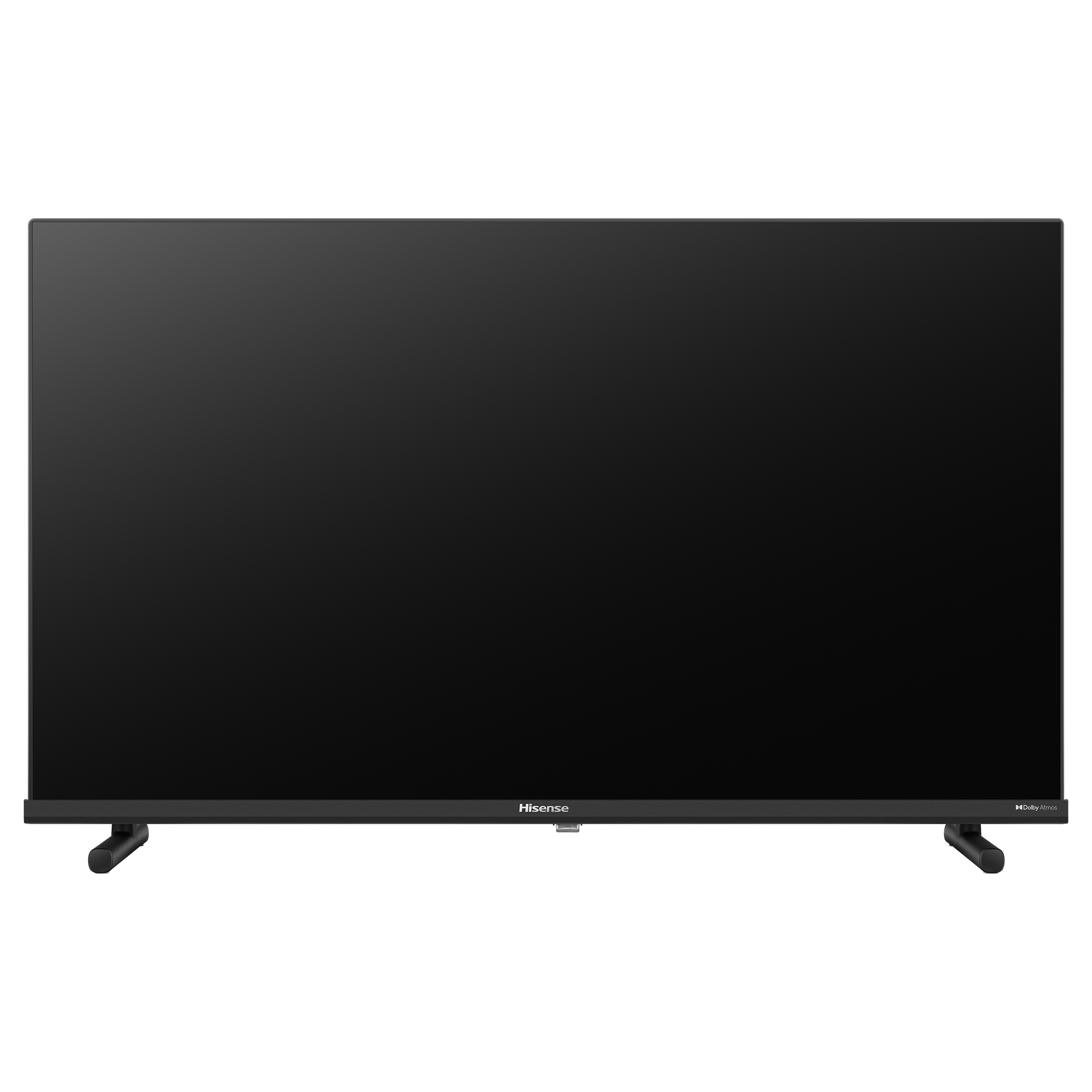 Ein schwarzer Hisense-Fernseher. Der Bildschirm ist schwarz. Der Fernseher steht auf schwarzen Beinen.