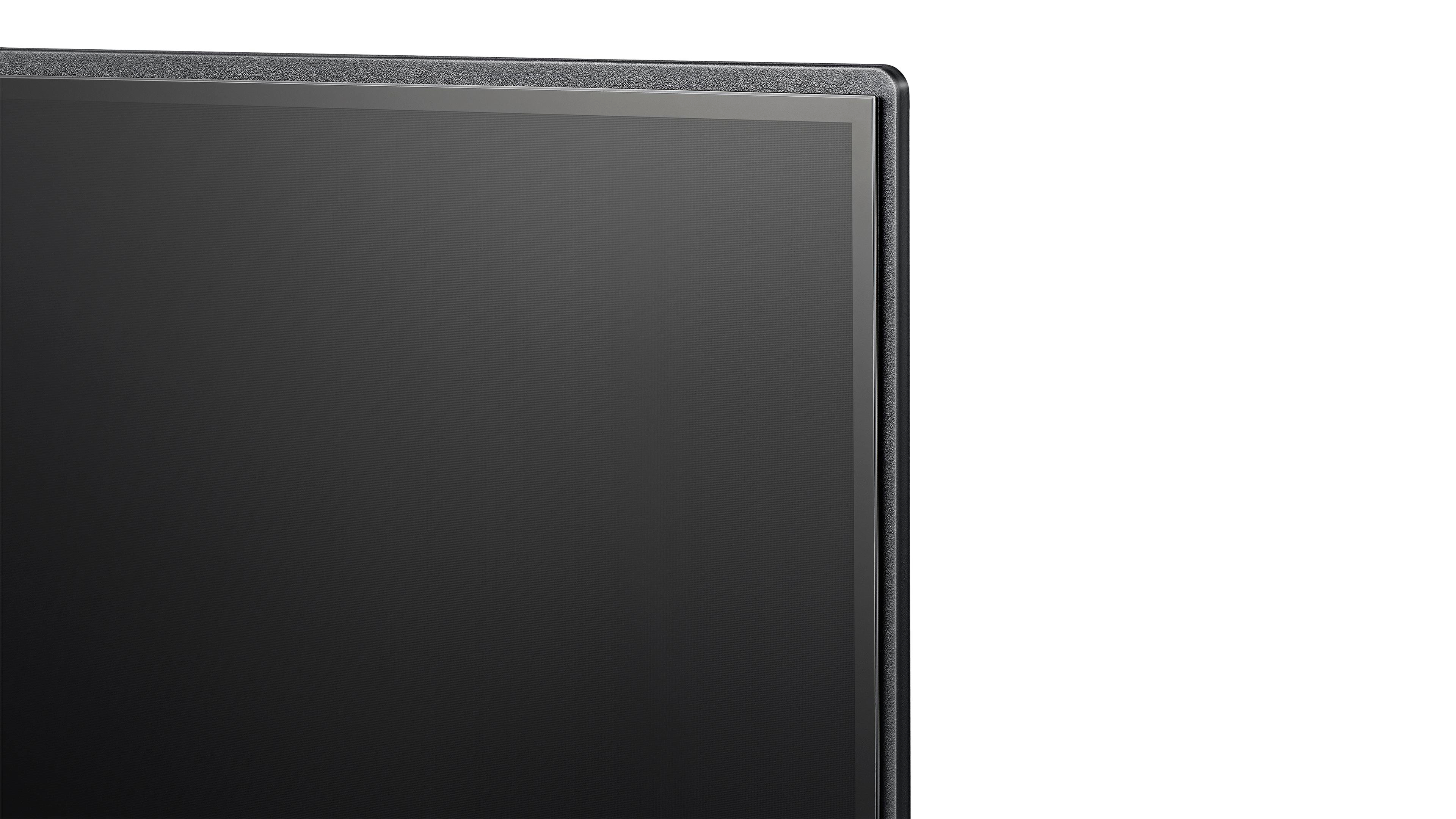 Schwarze Monitorecke mit schwarzem Bildschirm auf weißem Hintergrund.
