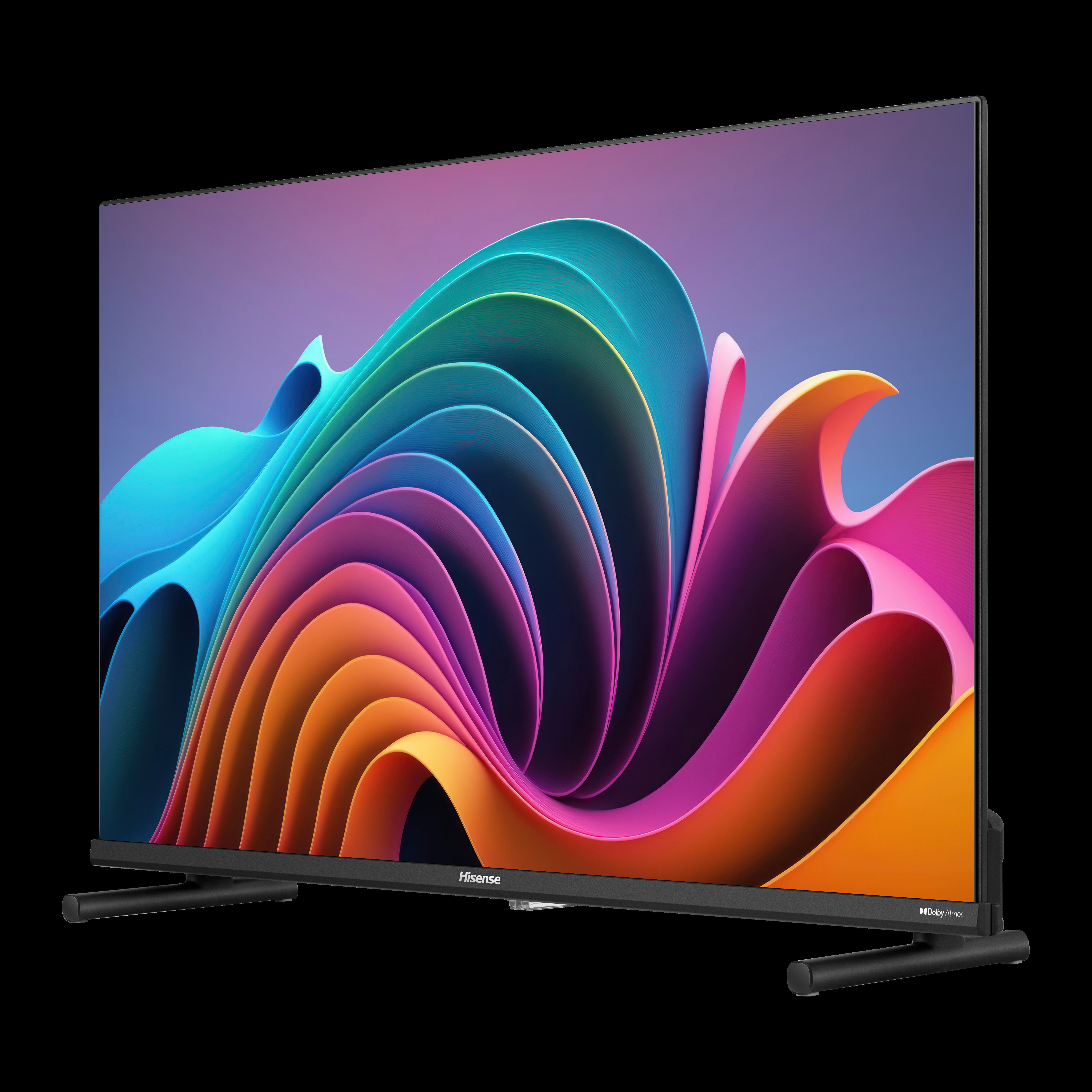 Ein schwarzer Fernseher mit einem farbenfrohen abstrakten Bild auf dem Bildschirm, auf einem schwarzen Ständer.
