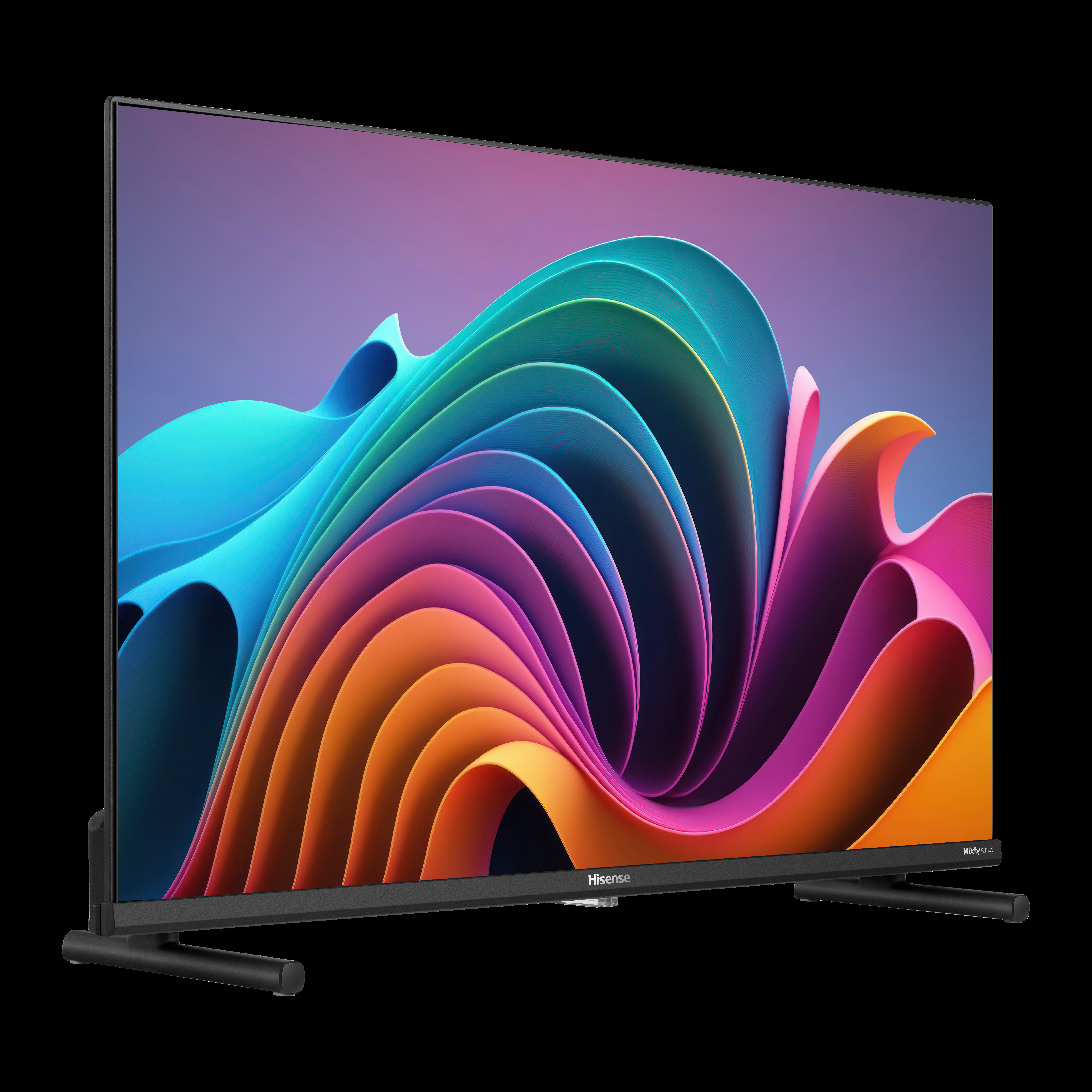 Ein Fernseher zeigt ein abstraktes, farbenfrohes Design auf schwarzem Hintergrund.