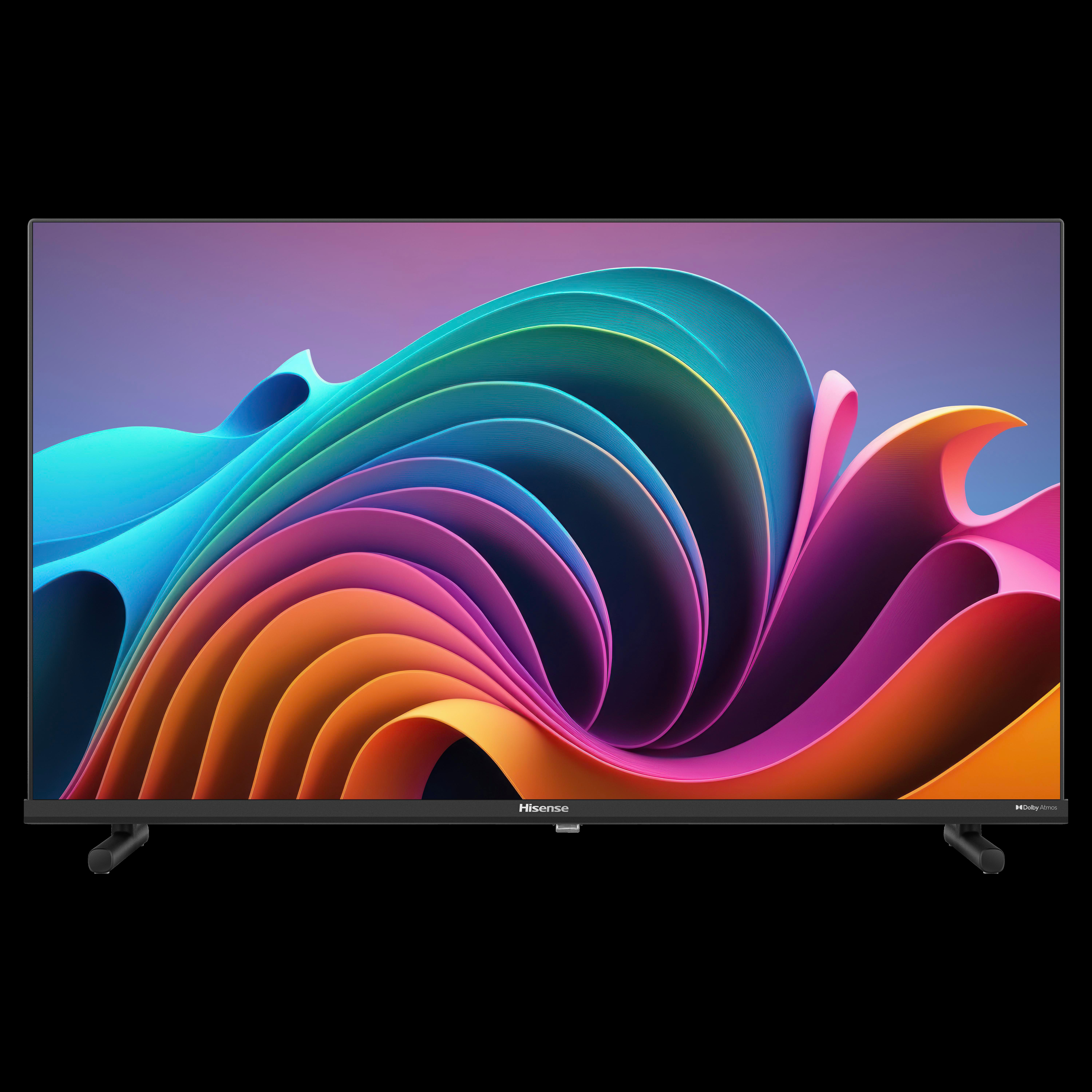 Ein Hisense-TV-Bildschirm mit bunter, wirbelnder abstrakter Kunst auf schwarzem Hintergrund.