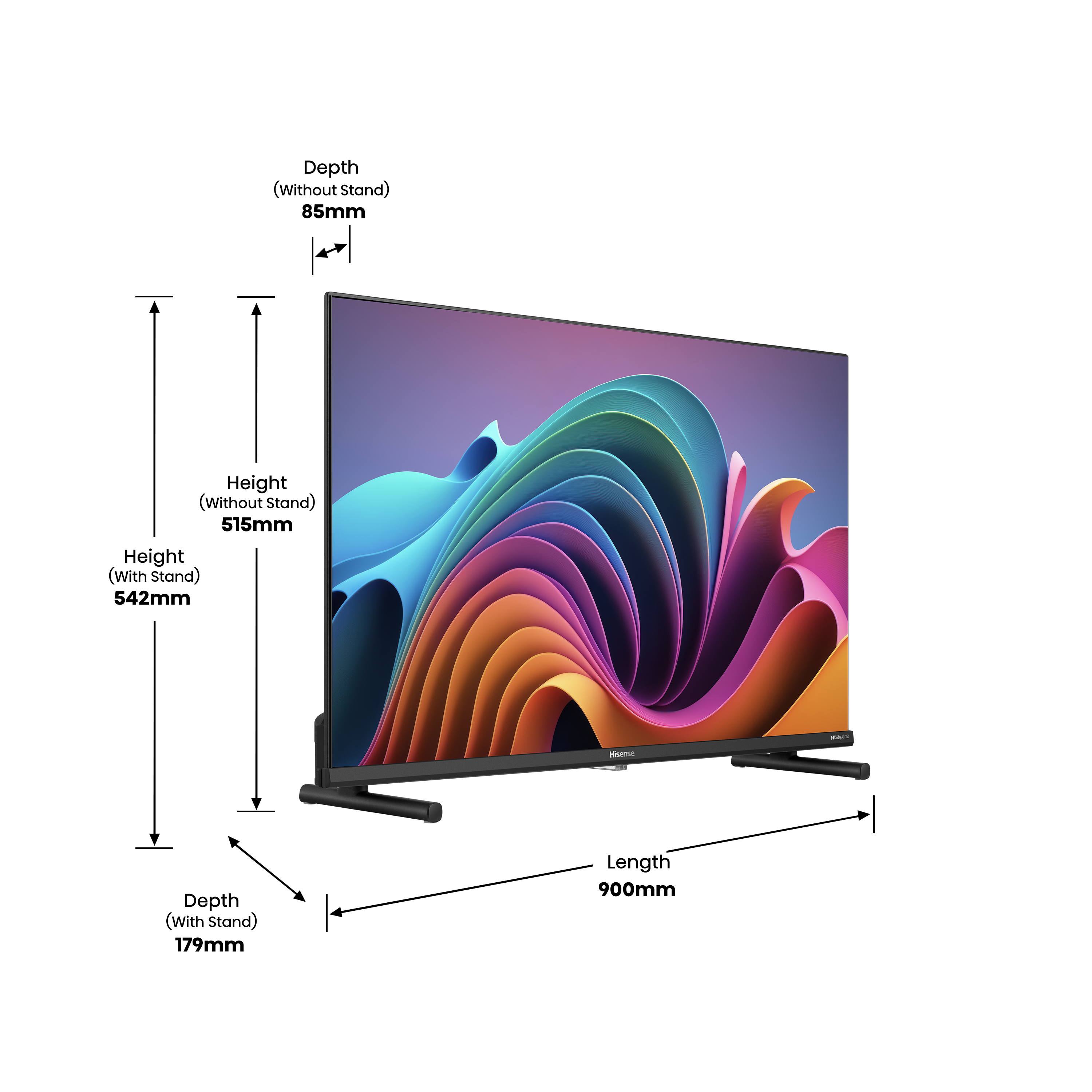Ein schwarzer Fernseher mit Abmessungen. Zeigt Höhe, Tiefe und Länge mit den Maßen.