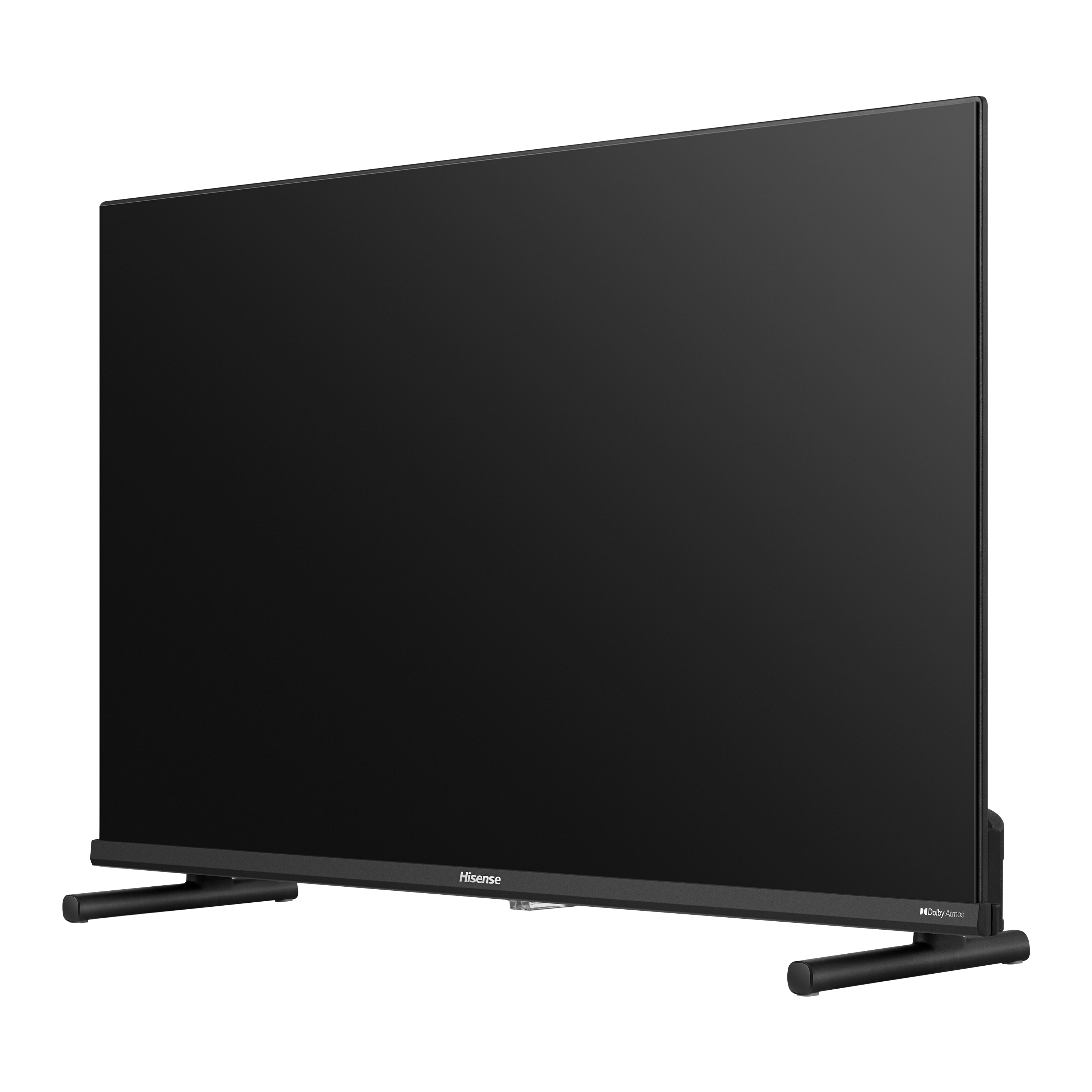 Schwarzer Hisense-Fernseher auf weißem Hintergrund. Schwarzer Ständer. Bildschirm ist schwarz.