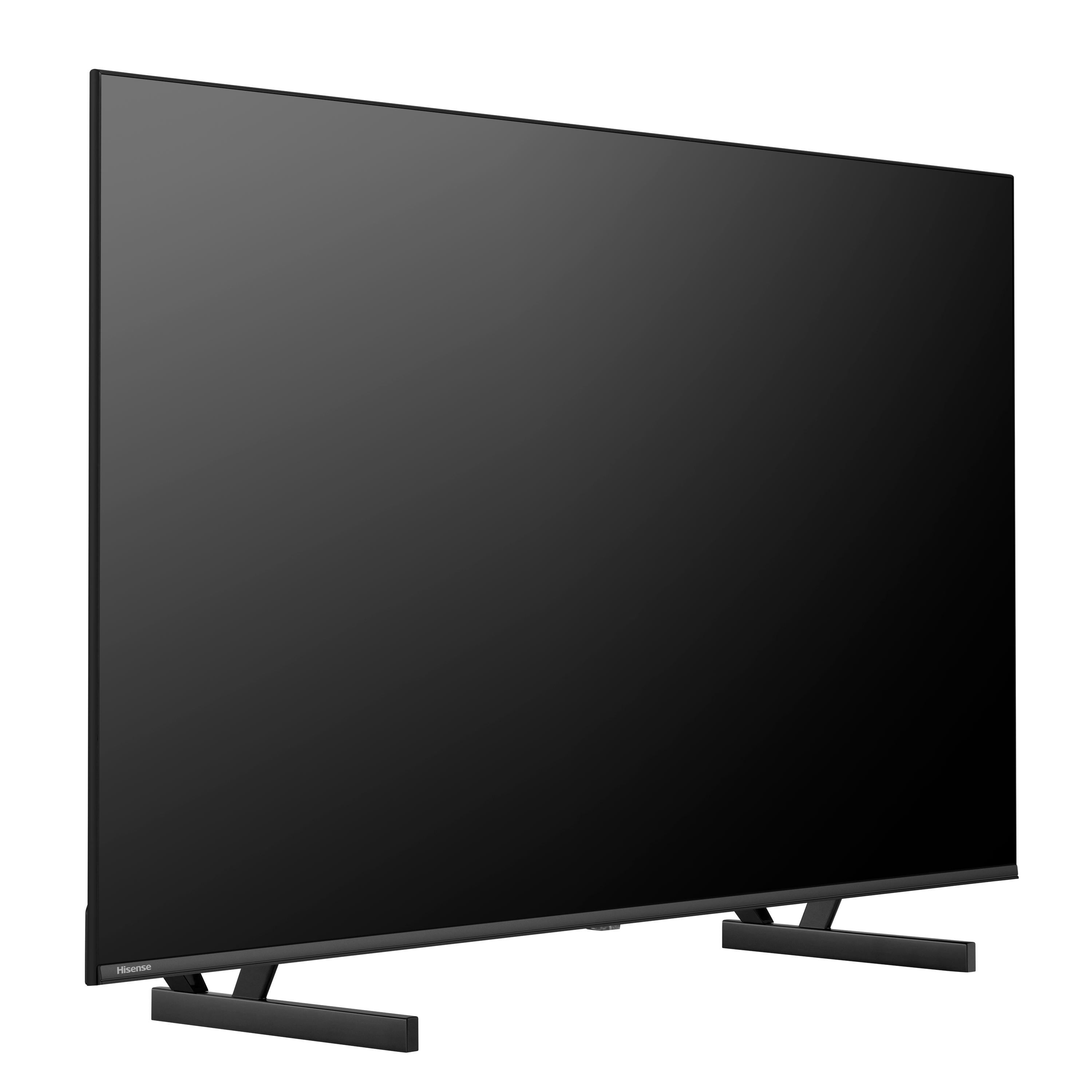 Schwarzer Fernseher mit dünnem Rahmen und schwarzem Bildschirm, steht auf zwei schwarzen Füßen.