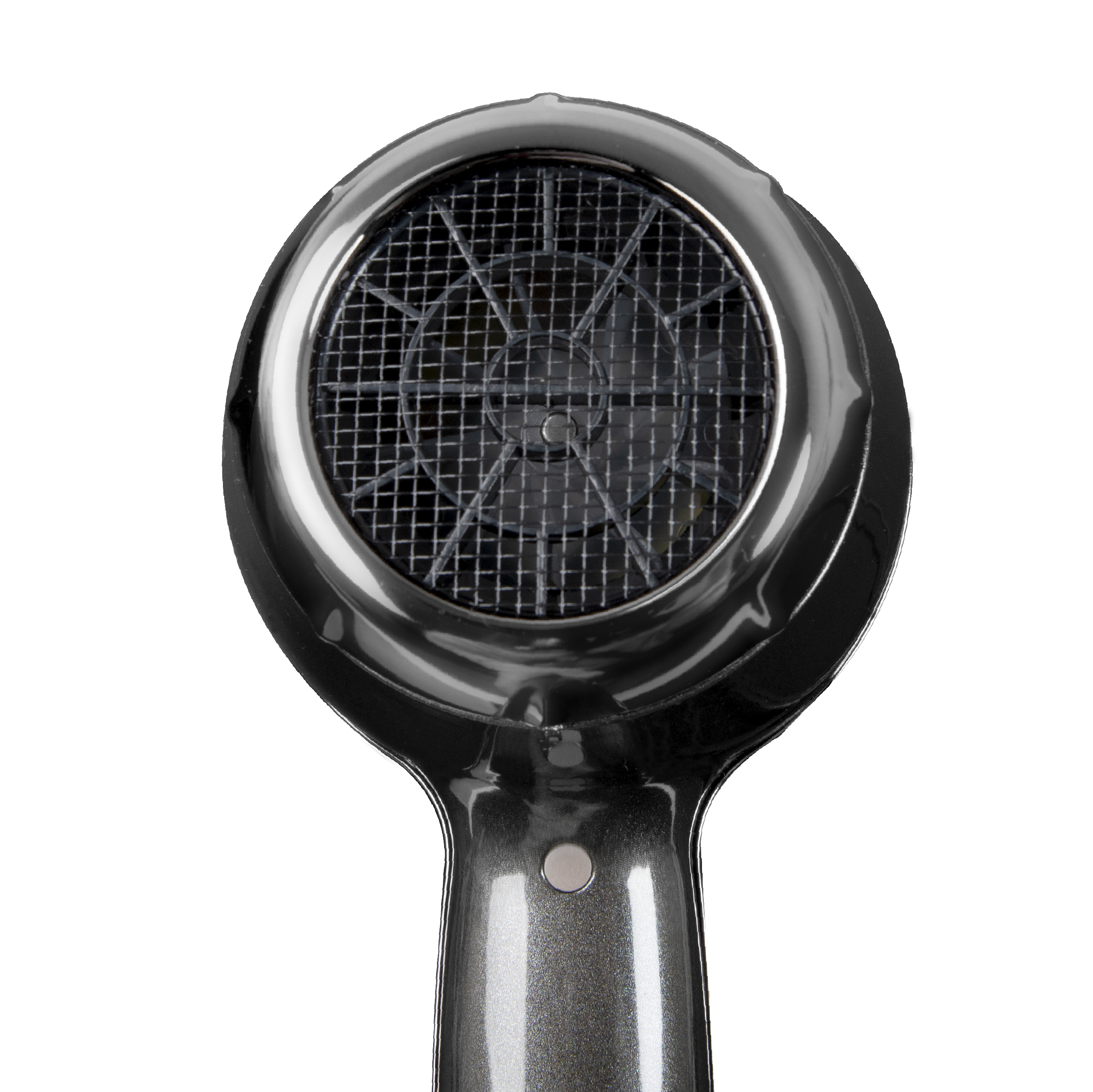 Nahaufnahme eines Haartrockners. Er ist verchromt, mit einem Gitternetz über dem Ventilator.