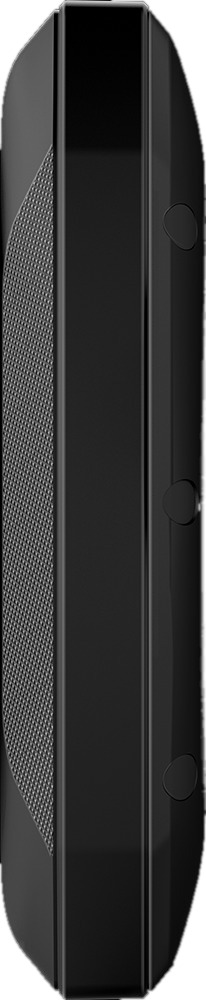 Vue latérale de l'appareil noir. Comprend une grille de haut-parleur et trois boutons.