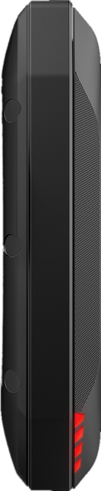 Vue latérale d'un appareil noir. Montre un design incurvé, trois boutons et un accent rouge en bas.
