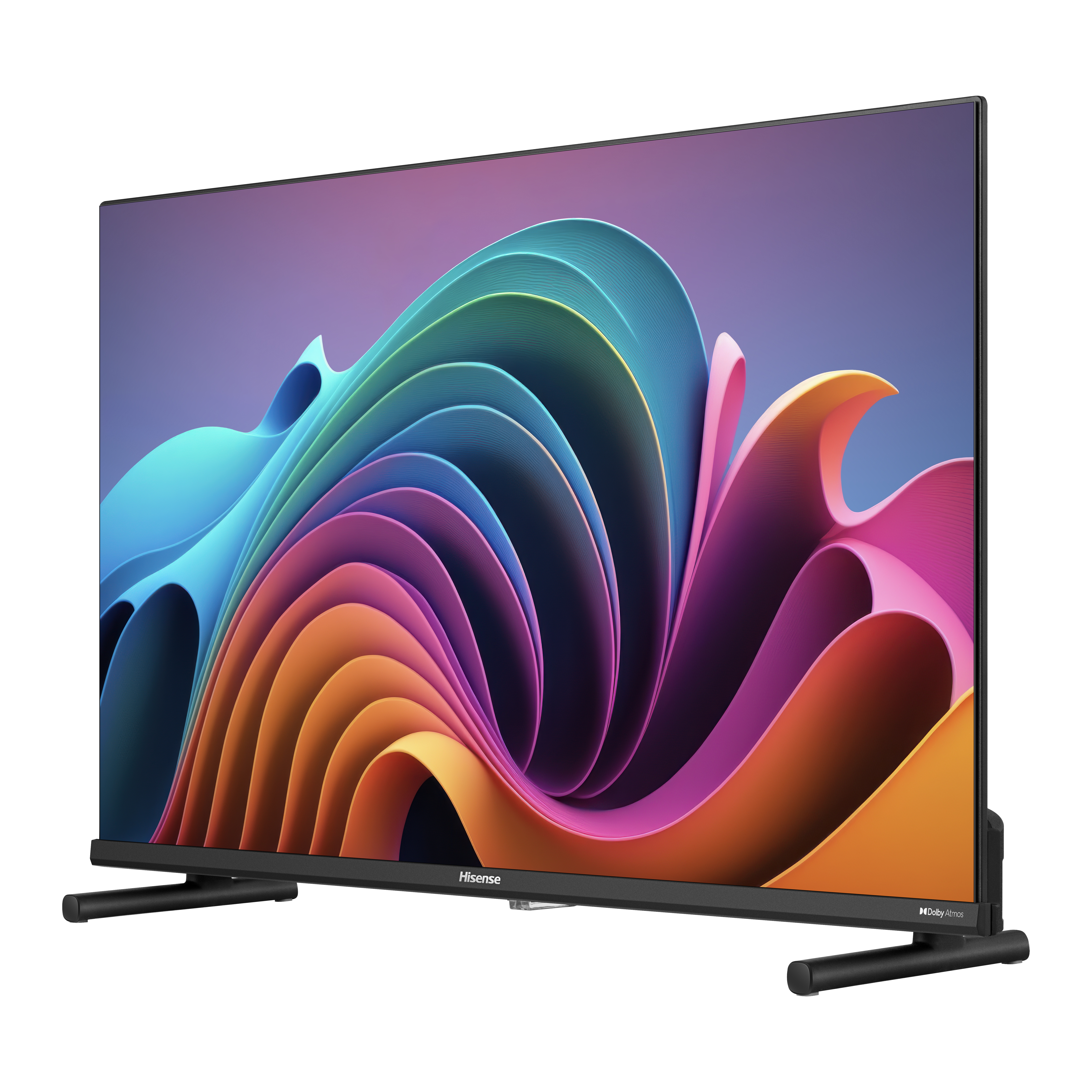 Ein Hisense-Fernseher, eingeschaltet, zeigt farbenfrohe abstrakte Kunst, mit schwarzen Ständern, auf schwarzer Oberfläche.