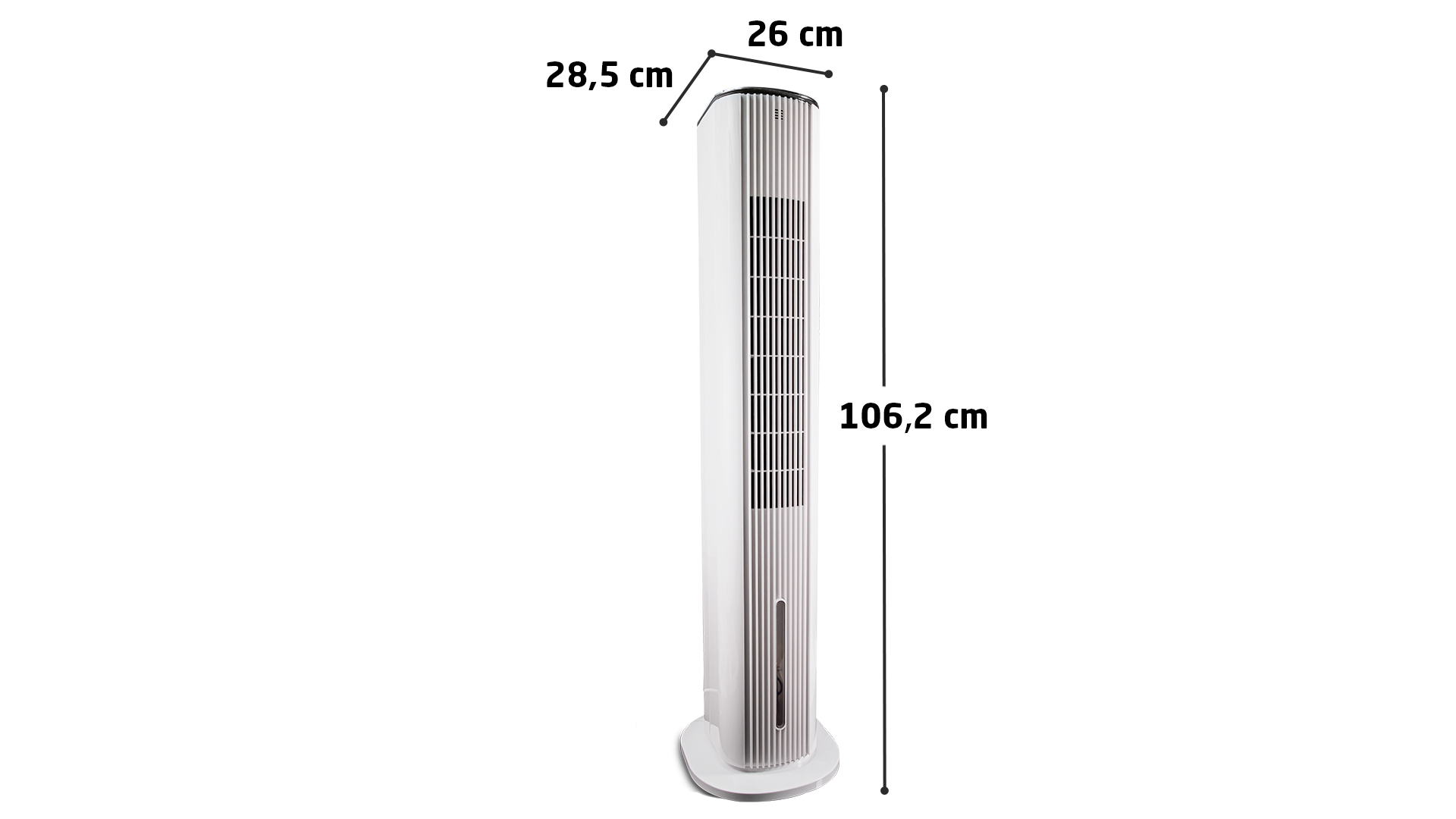 Hoher weißer Ventilator mit Maßangaben an der Seite, vor weißem Hintergrund.