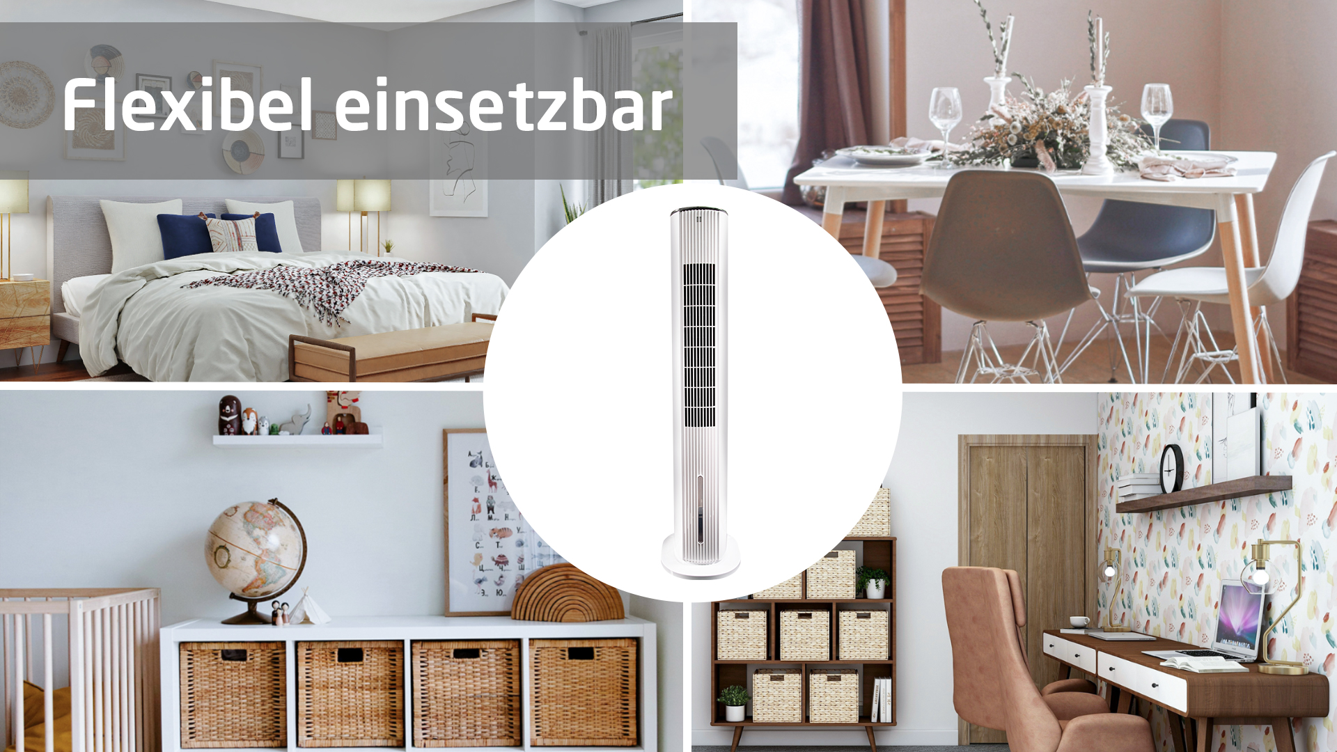 Ein Ventilator in verschiedenen Raumszenen: Schlafzimmer, Wohnzimmer und Schreibtisch.