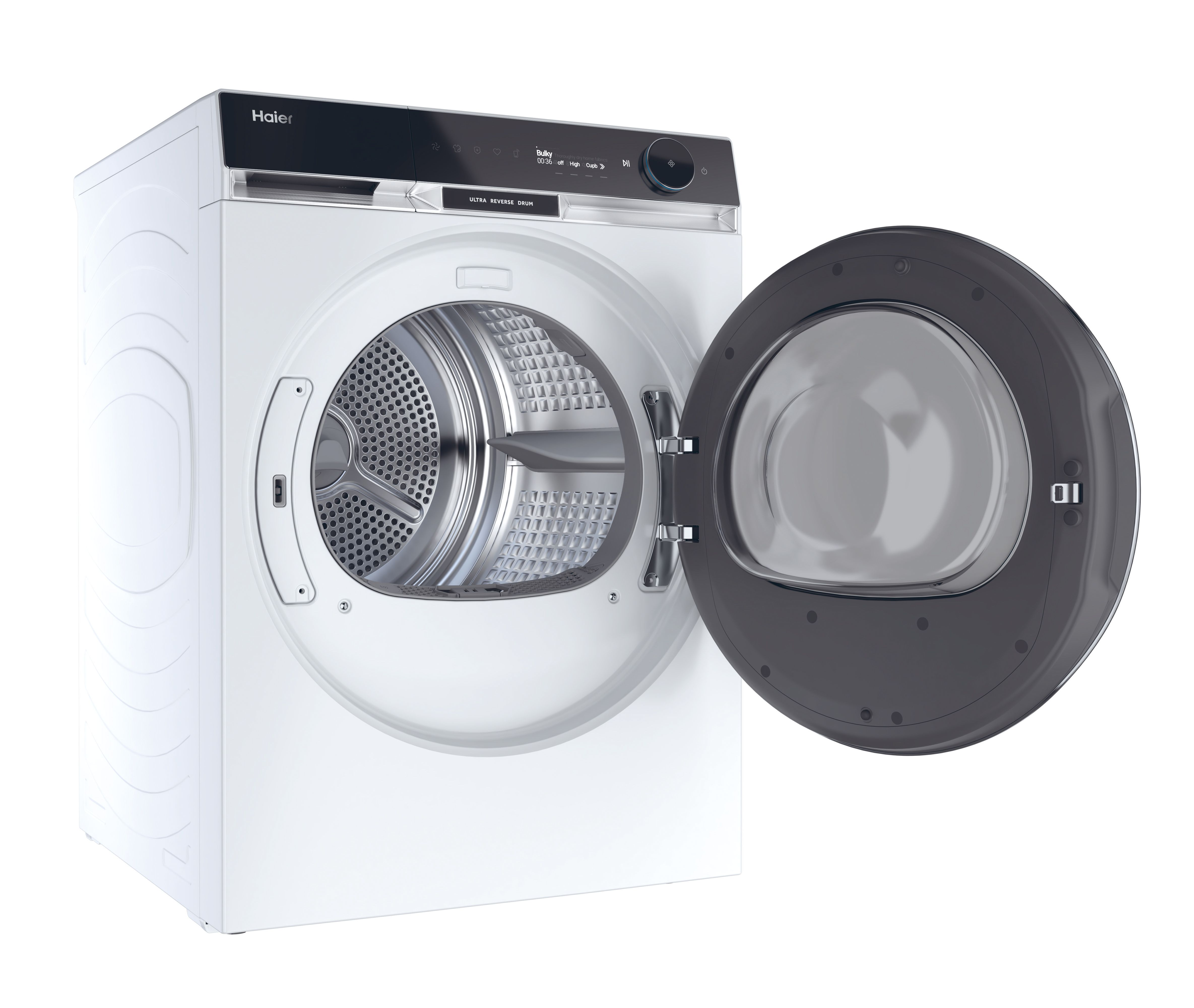 Una secadora Haier blanca con la puerta abierta. La máquina tiene una pantalla y una puerta circular con interior oscuro.