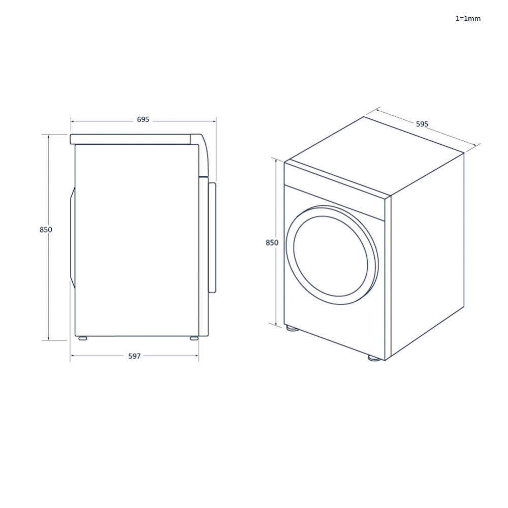 Dos diagramas de una lavadora, que muestran las dimensiones en milímetros.