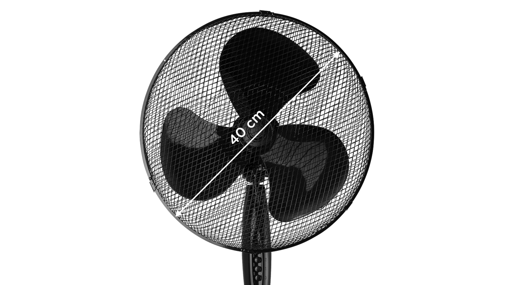 Ein schwarzer Ventilator mit drei Flügeln mit einer Messung von 40 cm.