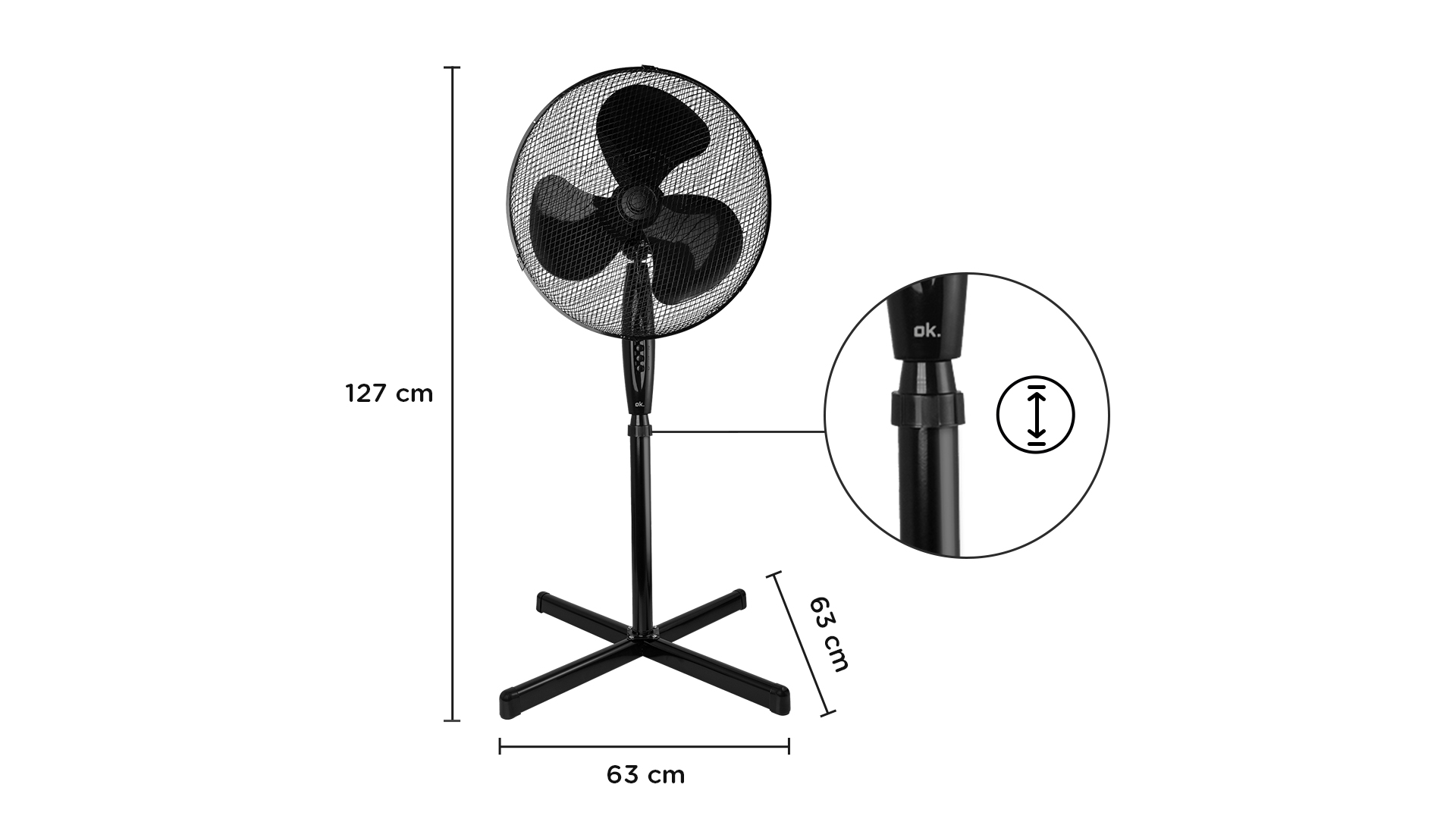 Schwarzer Standventilator mit Maßangaben. Lüfterflügel sind sichtbar.