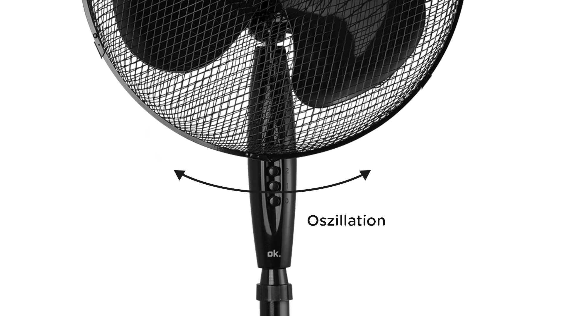 Schwarzer oszillierender Ventilator auf weißem Hintergrund. Pfeile zeigen die Oszillationsrichtung an.
