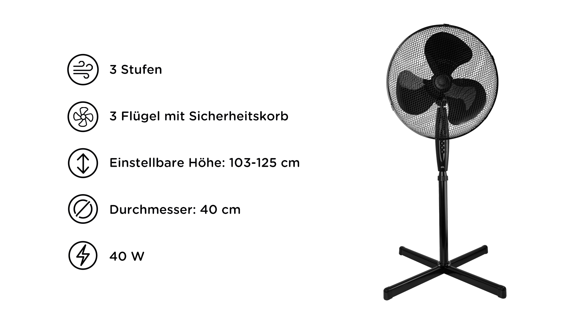 Schwarz-weißer Standventilator mit Etiketteninformationen an der Seite.
