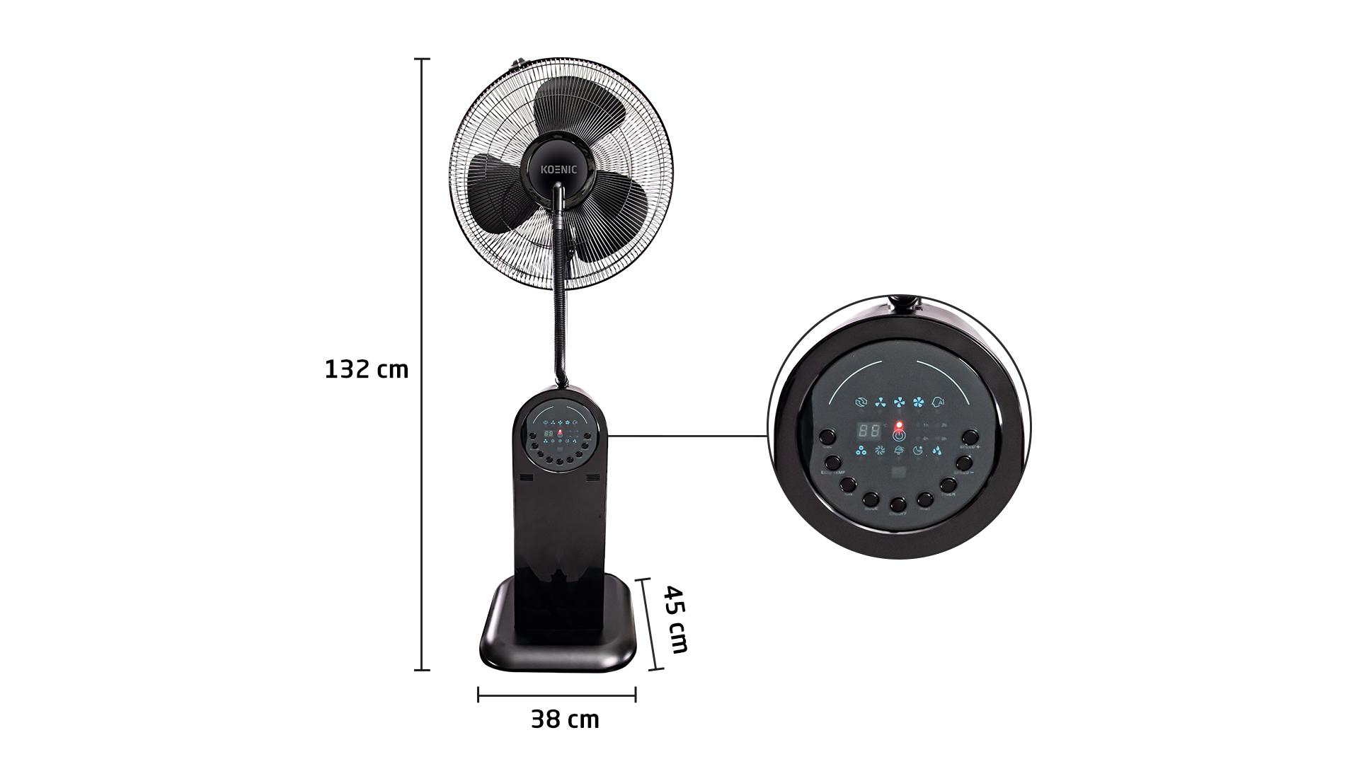 Ein schwarzer Ventilator mit angezeigten Abmessungen und einer Nahaufnahme des Bedienfelds.