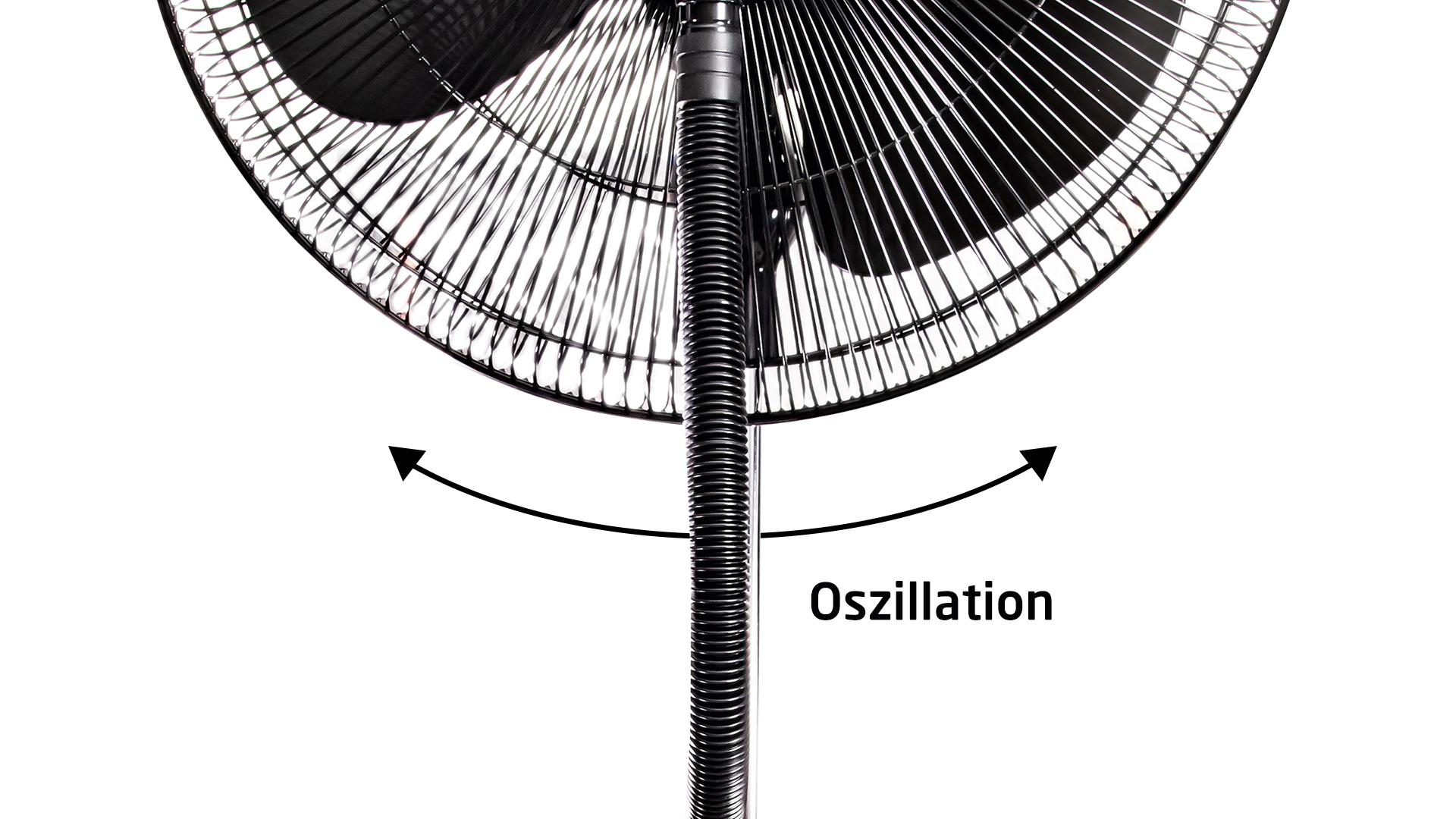 Ein schwarzer oszillierender Ventilator mit schwarzen Drahtgitterflügeln, weißer Hintergrund.