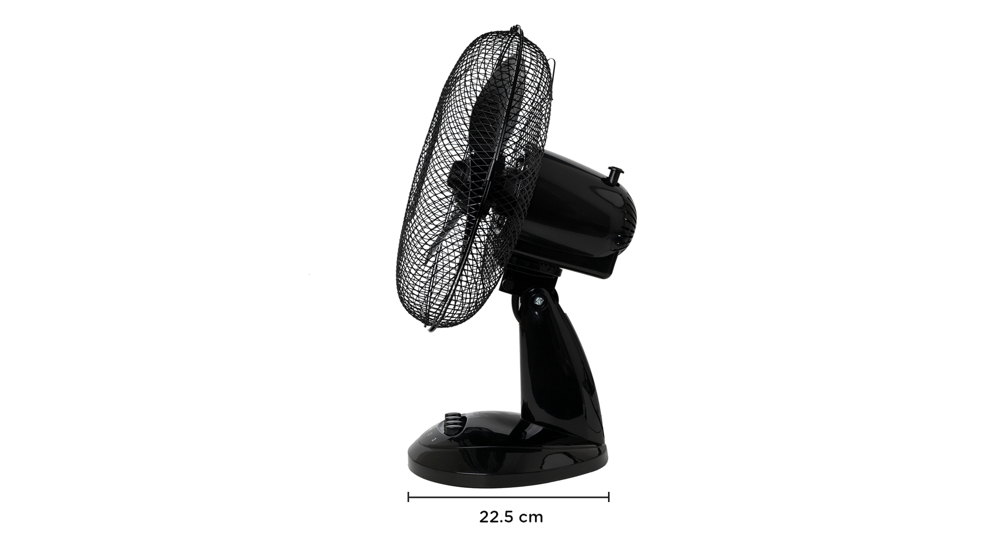 Schwarzer elektrischer Ventilator, Seitenansicht, auf weißem Hintergrund, mit Größenangabe.